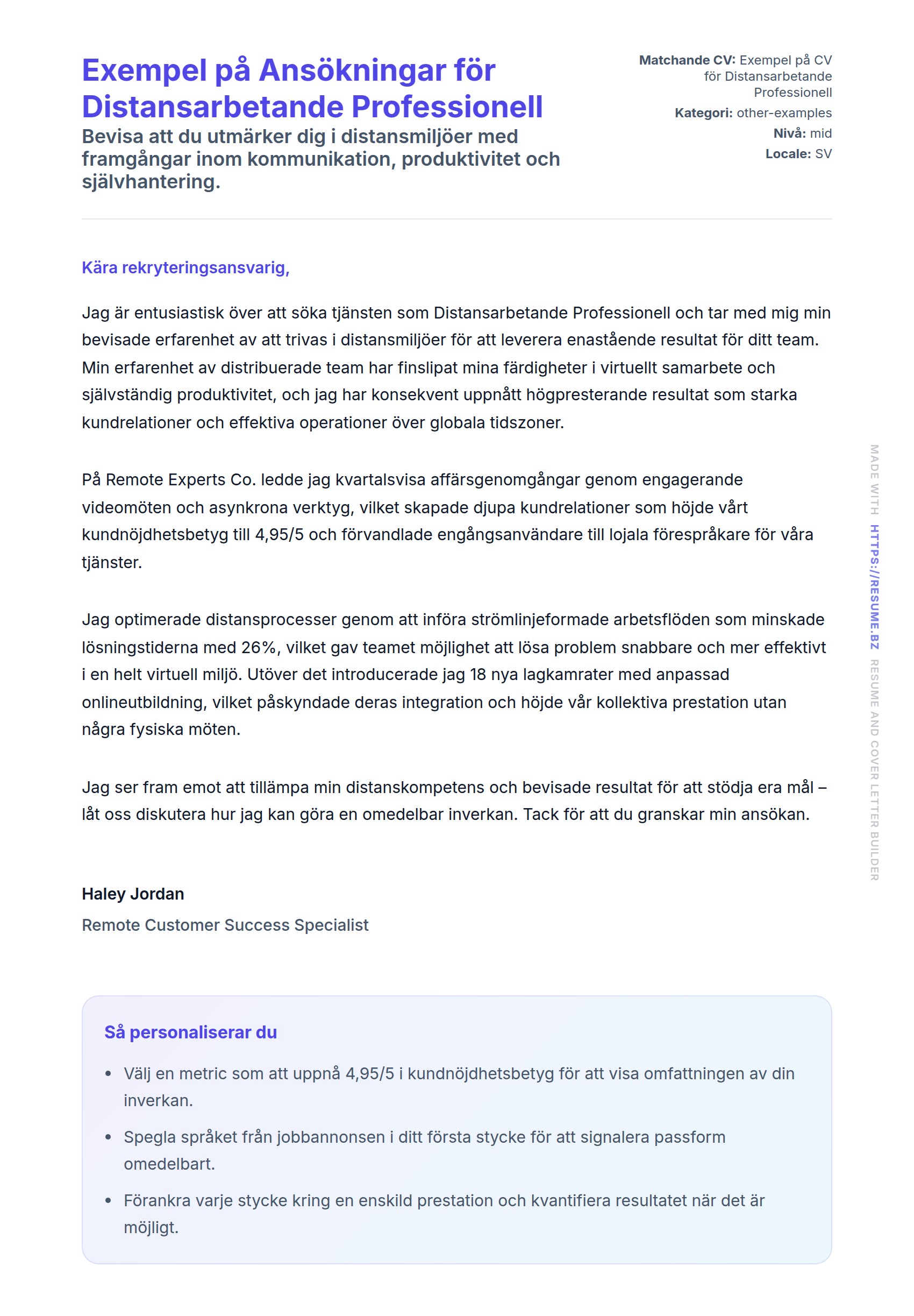 Förhandsgranskning av motivationsbrev för Exempel på Ansökningar för Distansarbetande Professionell