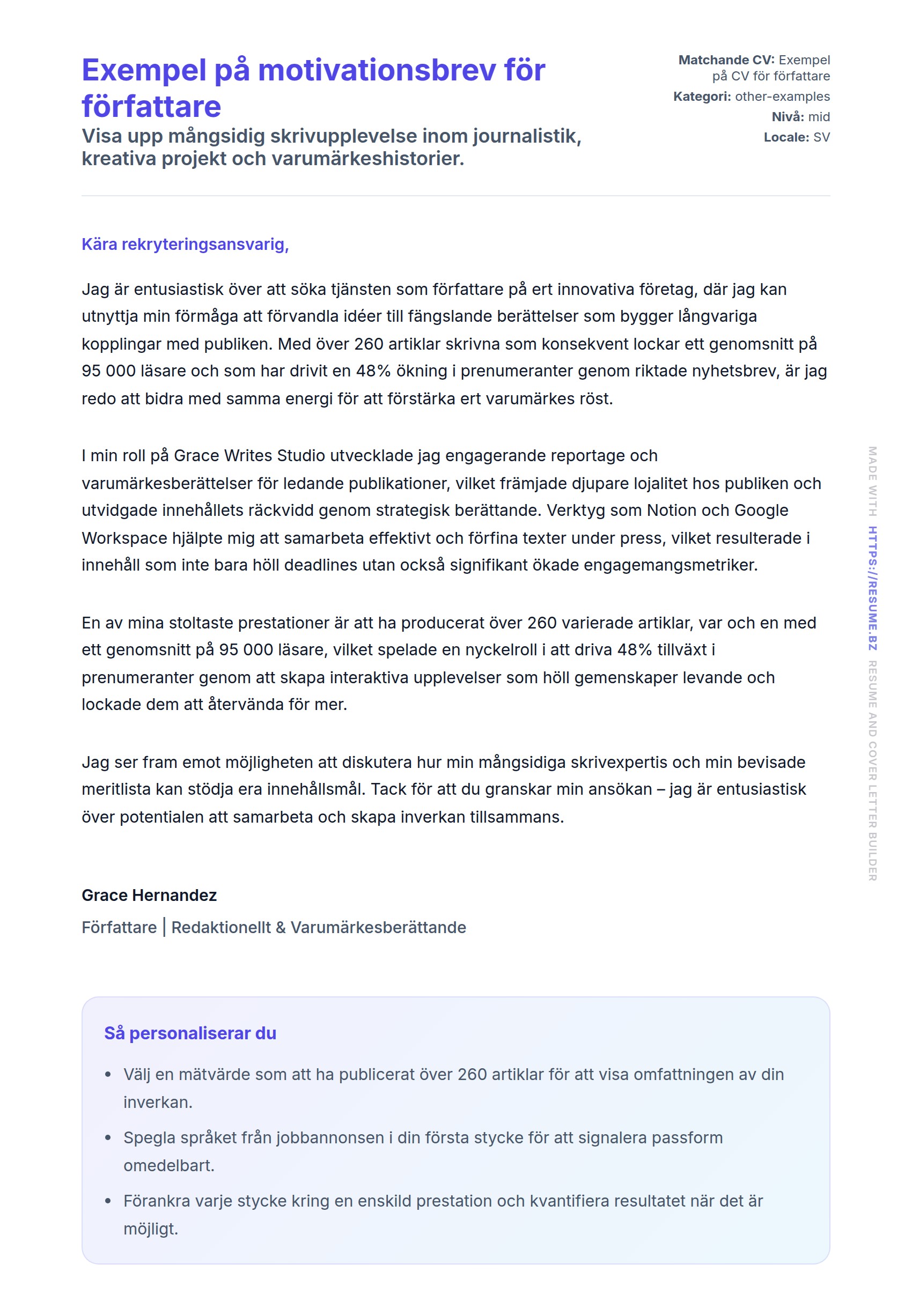 Förhandsgranskning av motivationsbrev för Exempel på motivationsbrev för författare