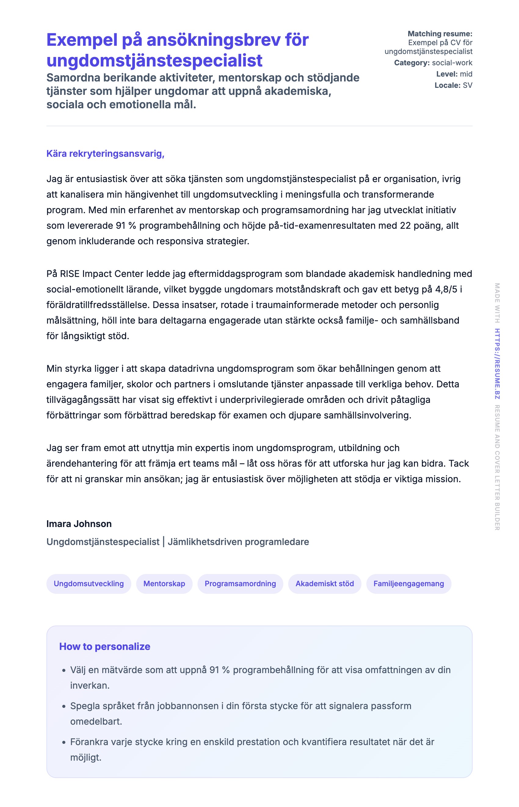 Förhandsgranskning av motivationsbrev för Exempel på ansökningsbrev för ungdomstjänstespecialist