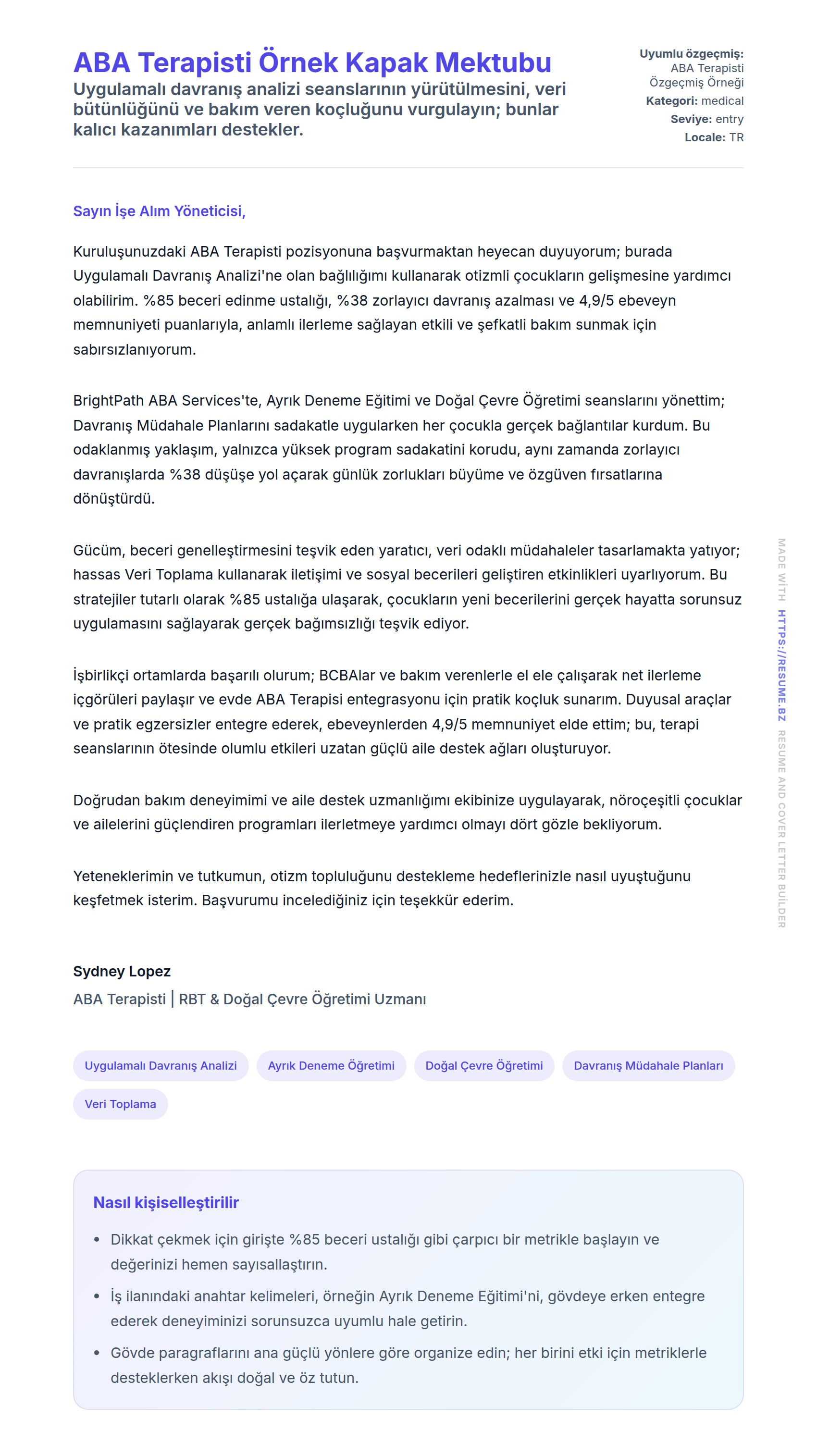 Kapak Mektubu önizlemesi ABA Terapisti Örnek Kapak Mektubu için