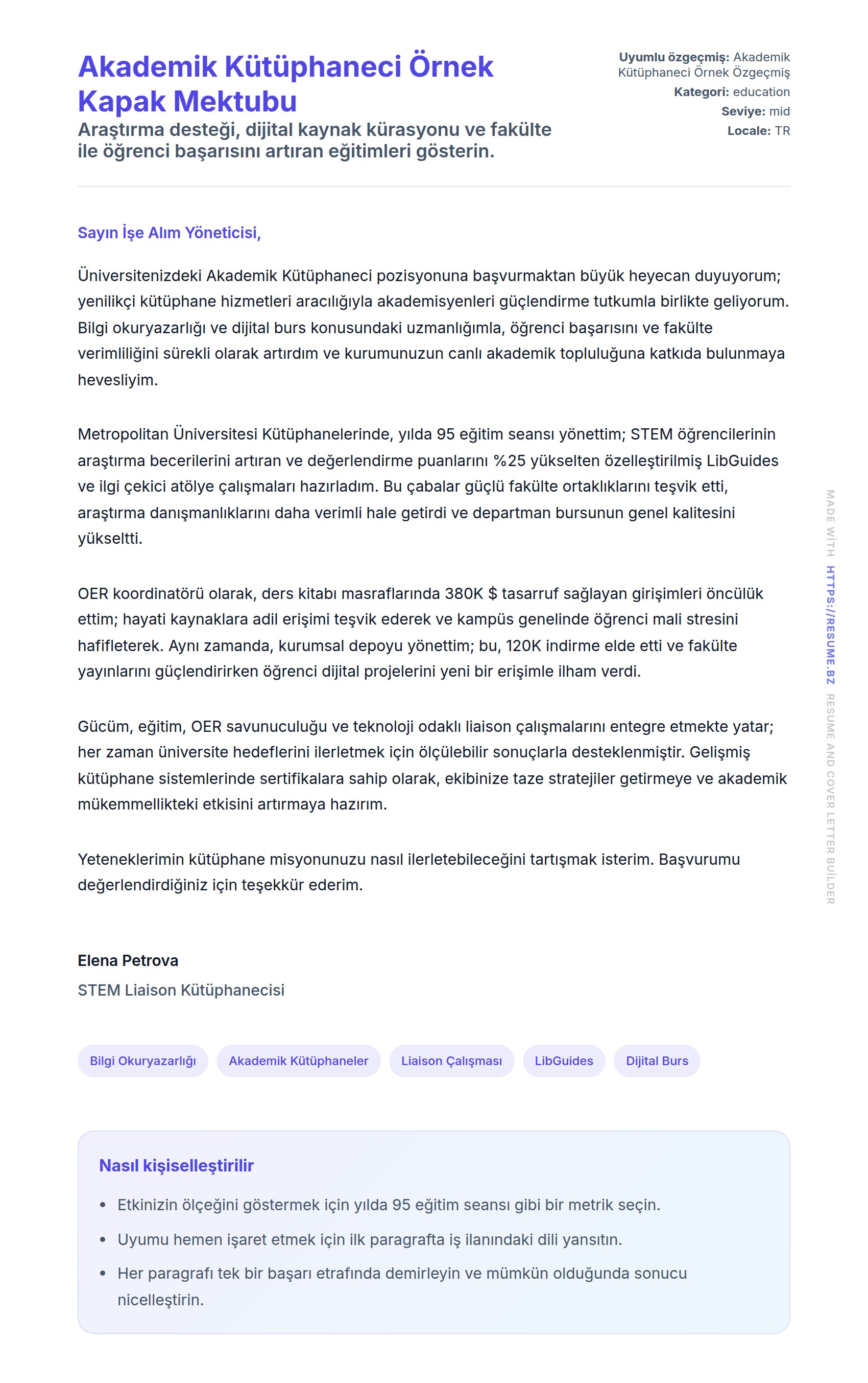 Akademik Kütüphaneci Örnek Kapak Mektubu