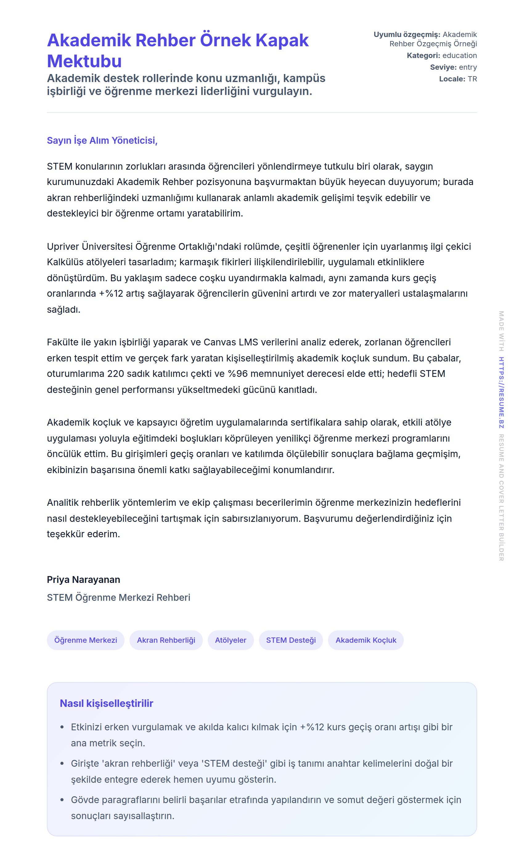 Akademik Rehber Örnek Kapak Mektubu