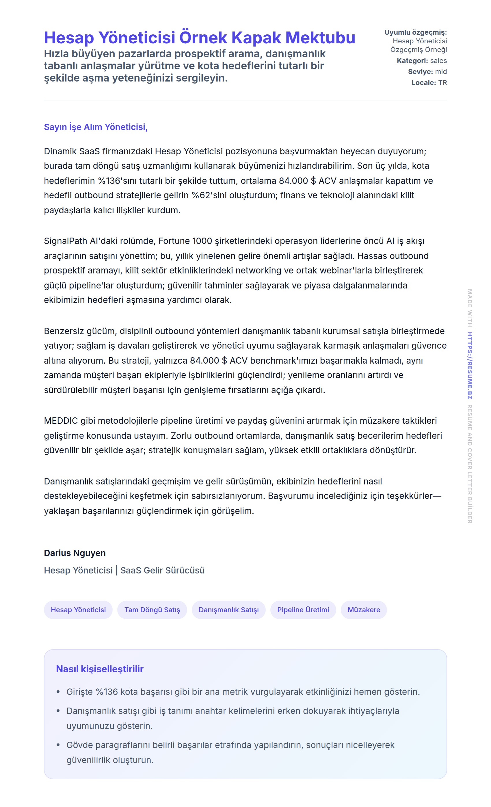 Hesap Yöneticisi Örnek Kapak Mektubu