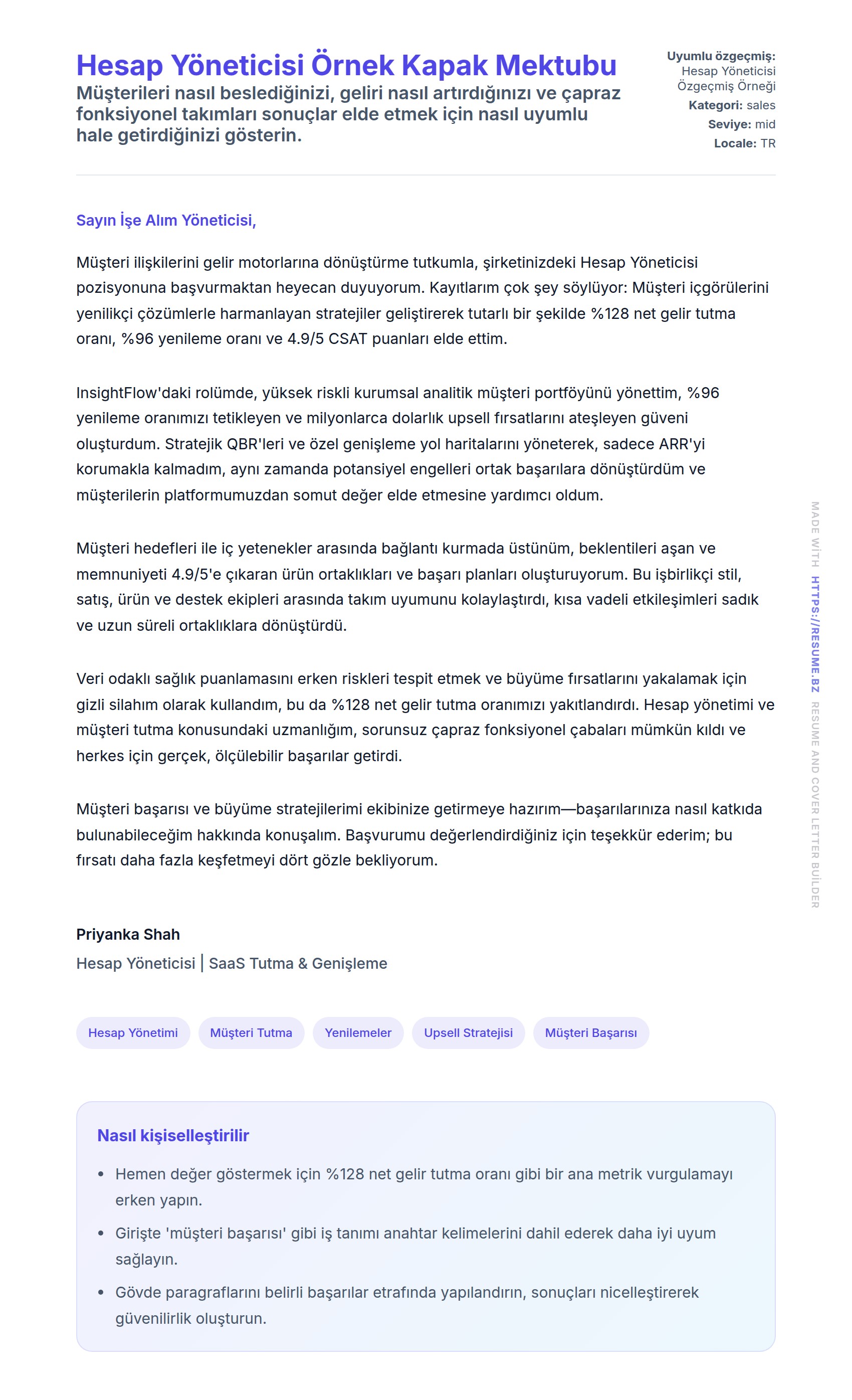Hesap Yöneticisi Örnek Kapak Mektubu