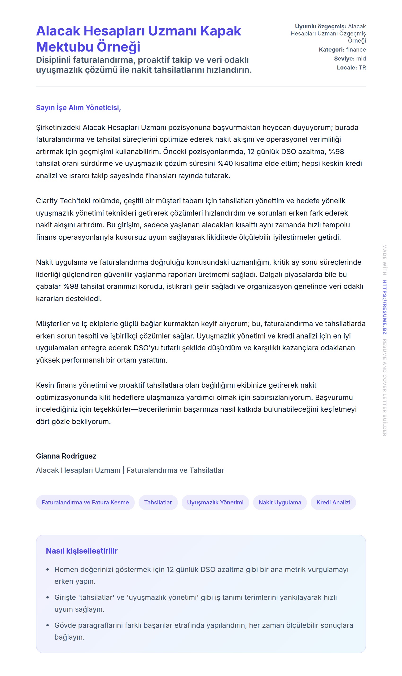 Kapak Mektubu önizlemesi Alacak Hesapları Uzmanı Kapak Mektubu Örneği için
