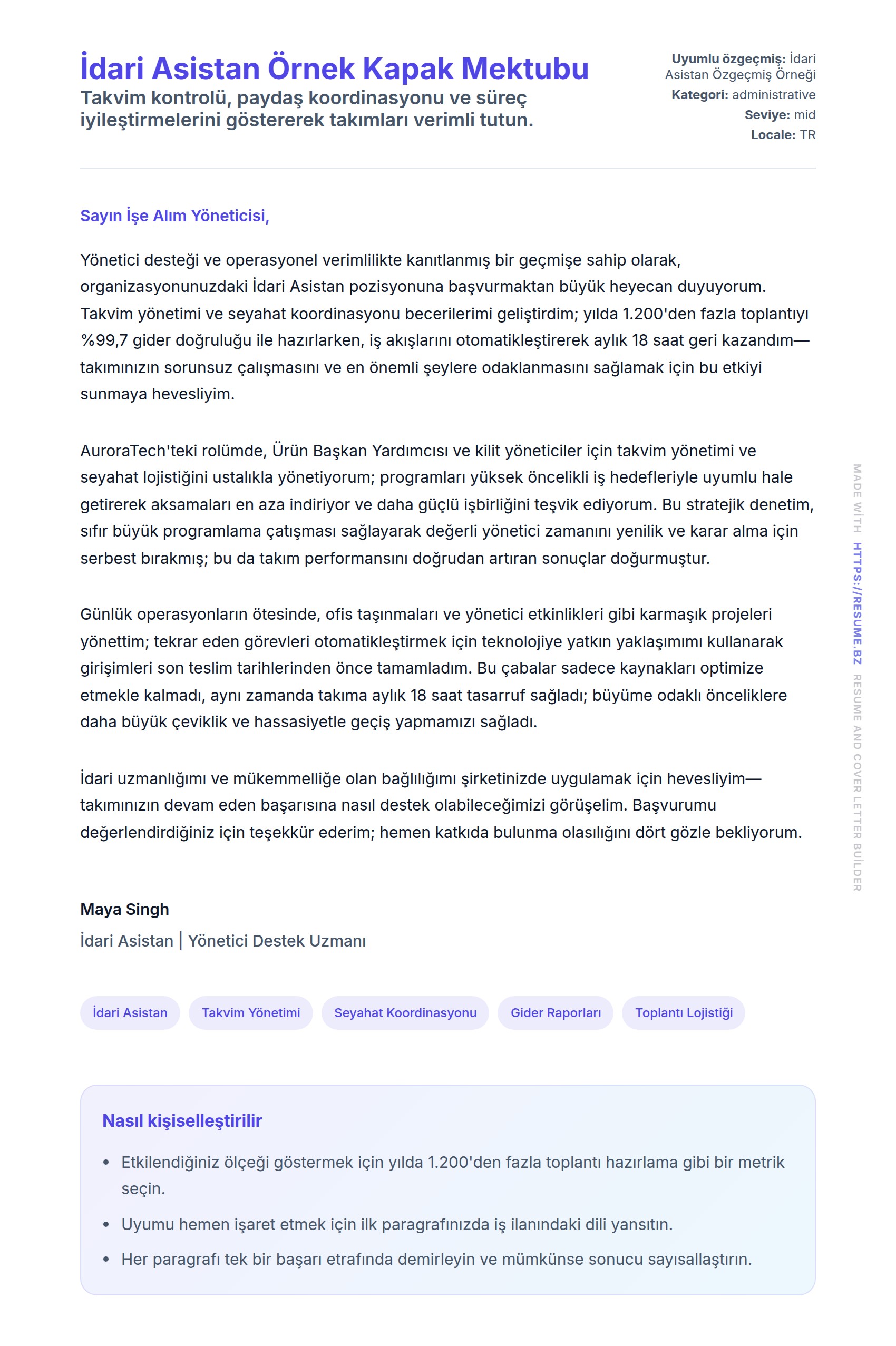 Kapak Mektubu önizlemesi İdari Asistan Örnek Kapak Mektubu için