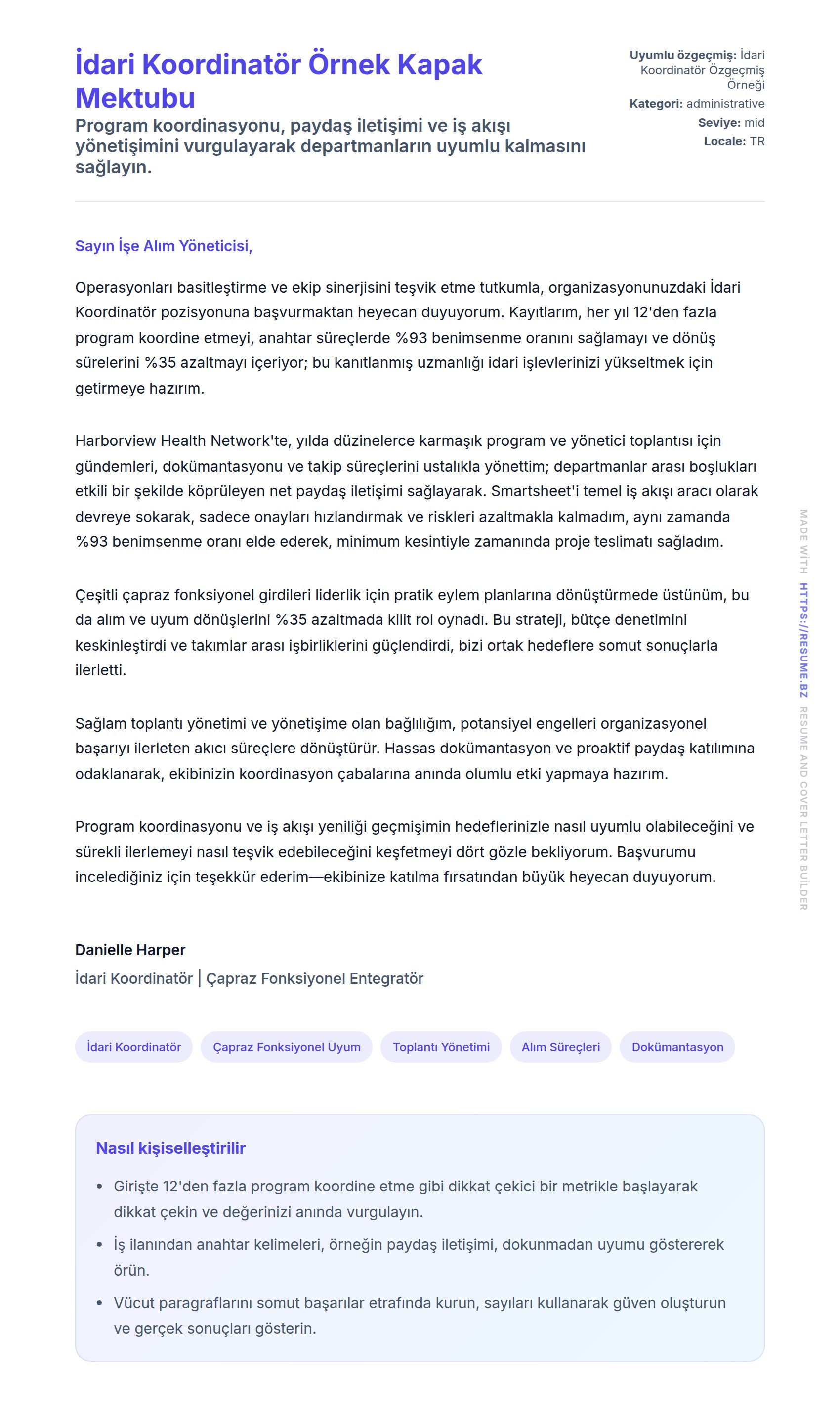 Kapak Mektubu önizlemesi İdari Koordinatör Örnek Kapak Mektubu için