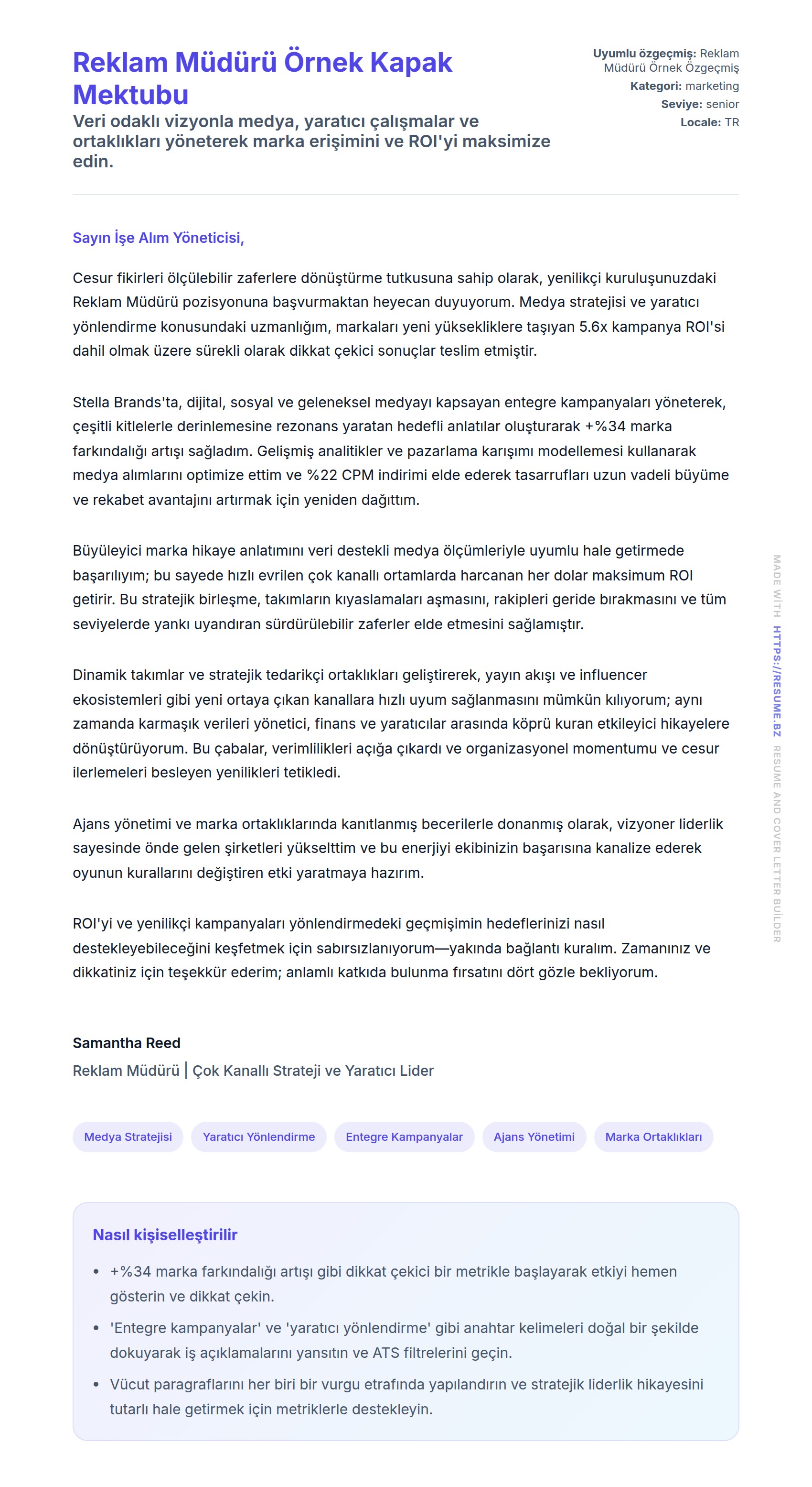 Reklam Müdürü Örnek Kapak Mektubu