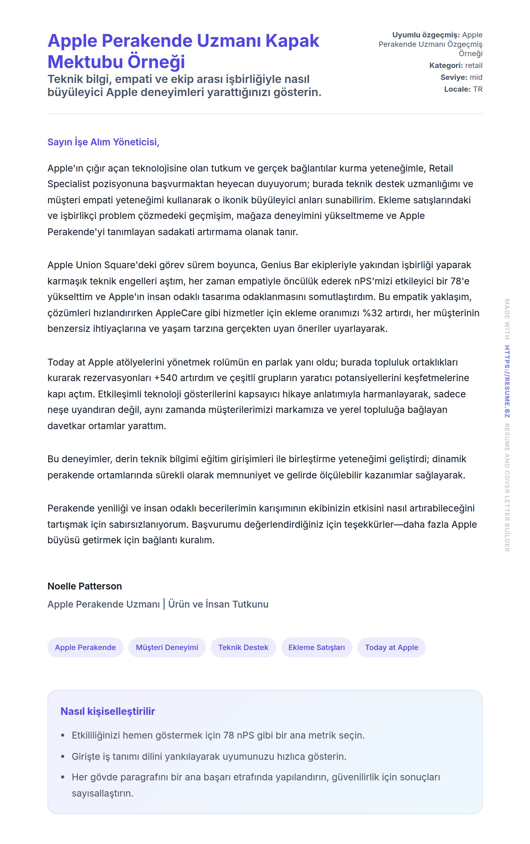 Kapak Mektubu önizlemesi Apple Perakende Uzmanı Kapak Mektubu Örneği için
