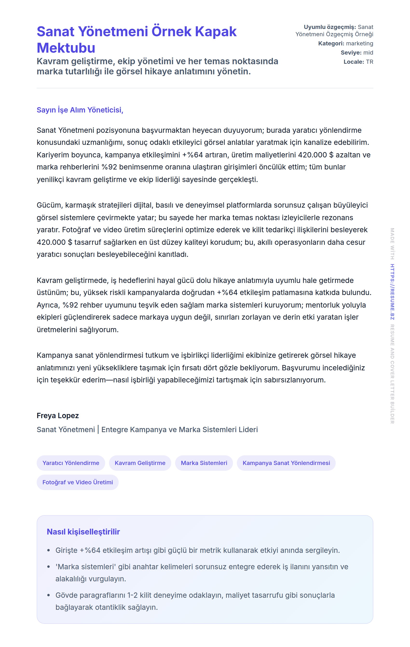 Sanat Yönetmeni Örnek Kapak Mektubu