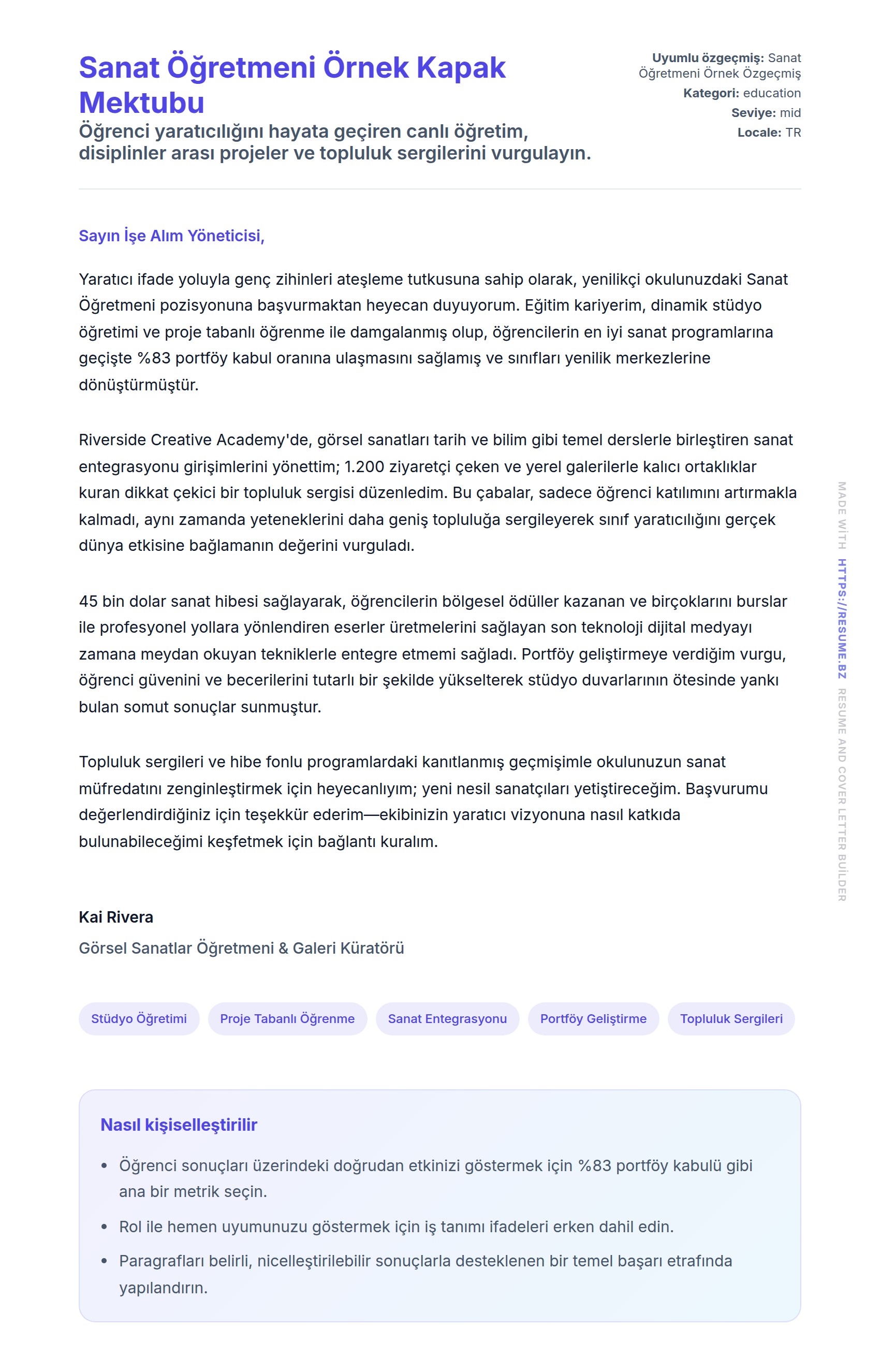 Kapak Mektubu önizlemesi Sanat Öğretmeni Örnek Kapak Mektubu için
