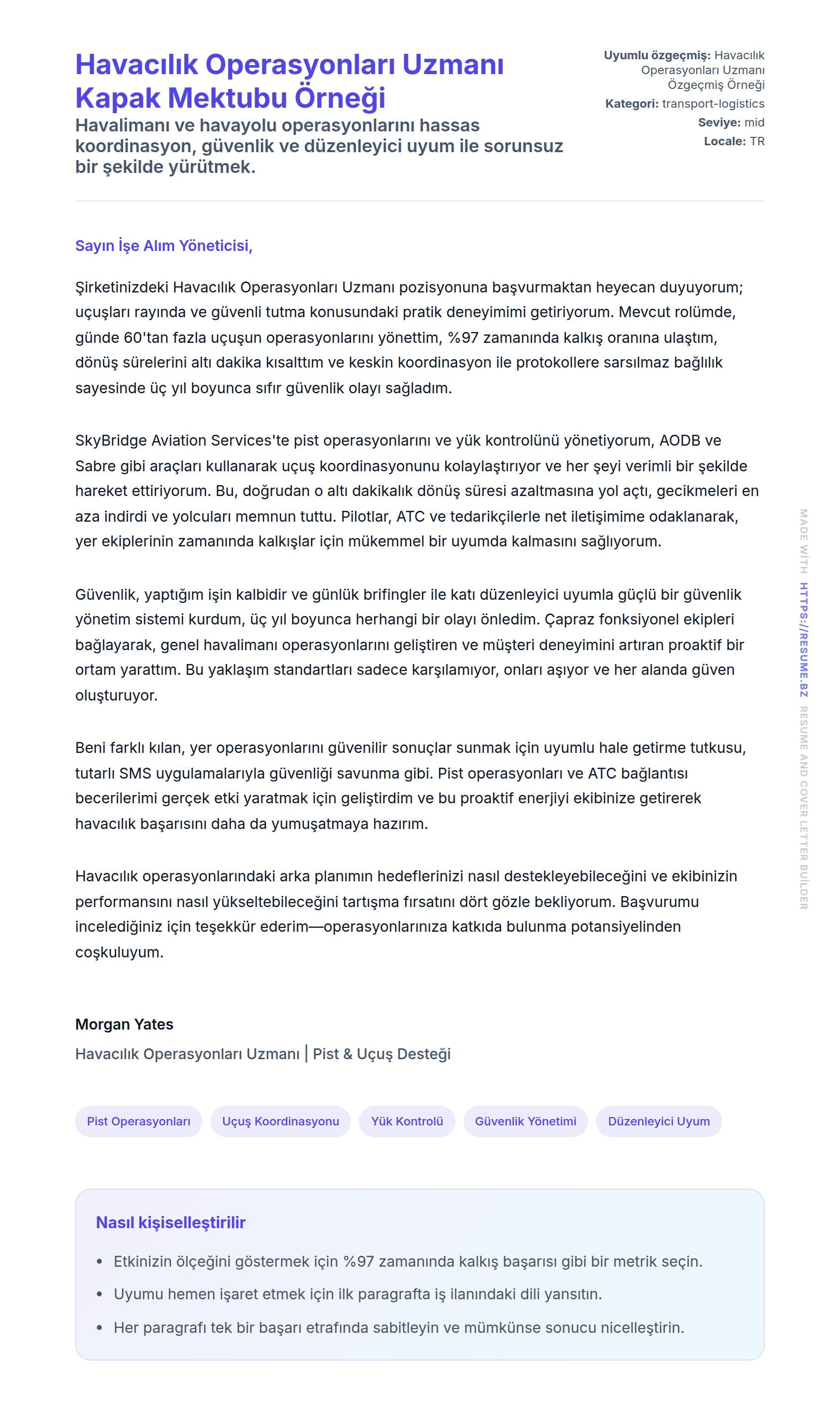 Havacılık Operasyonları Uzmanı Kapak Mektubu Örneği
