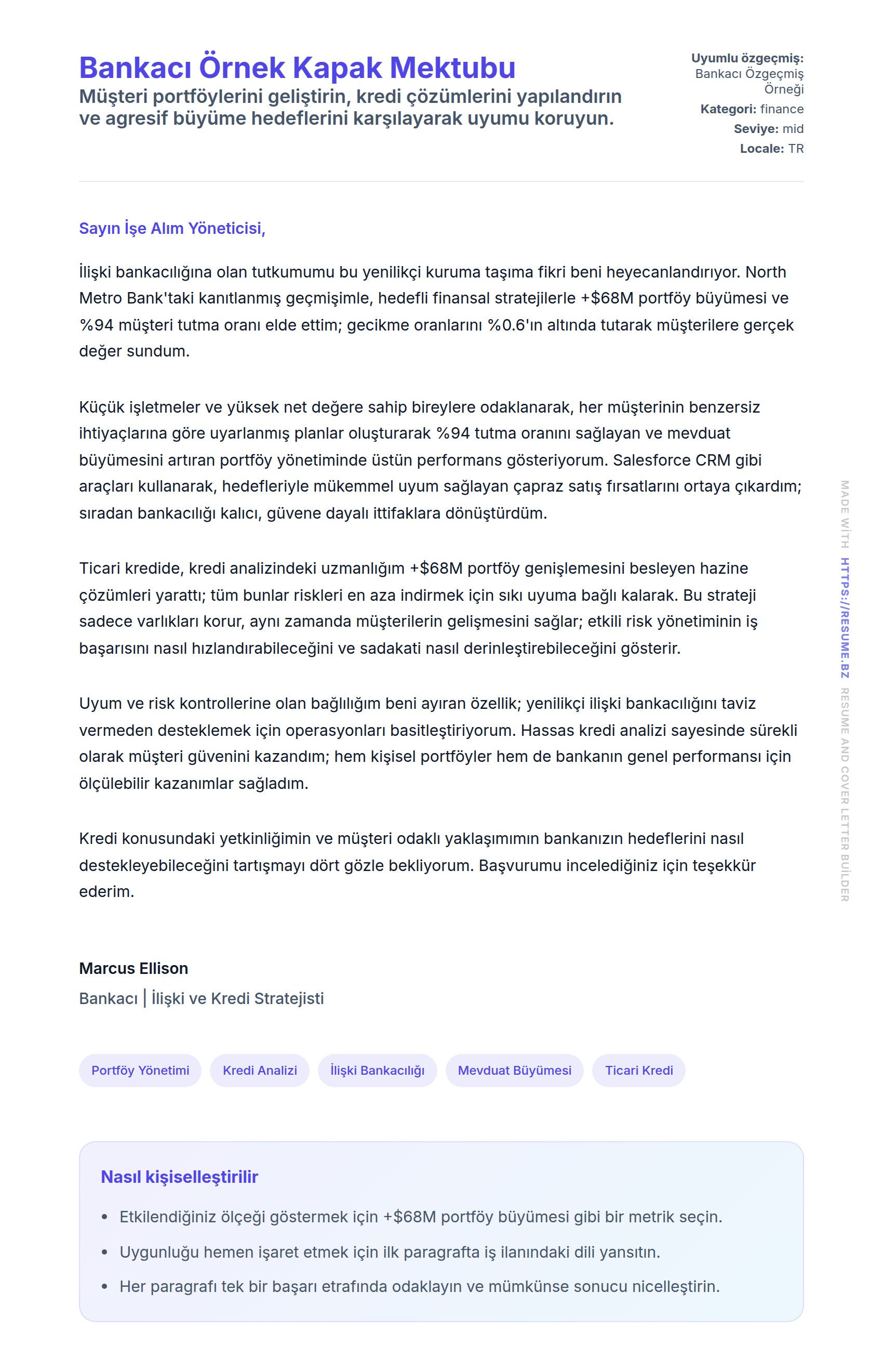 Kapak Mektubu önizlemesi Bankacı Örnek Kapak Mektubu için