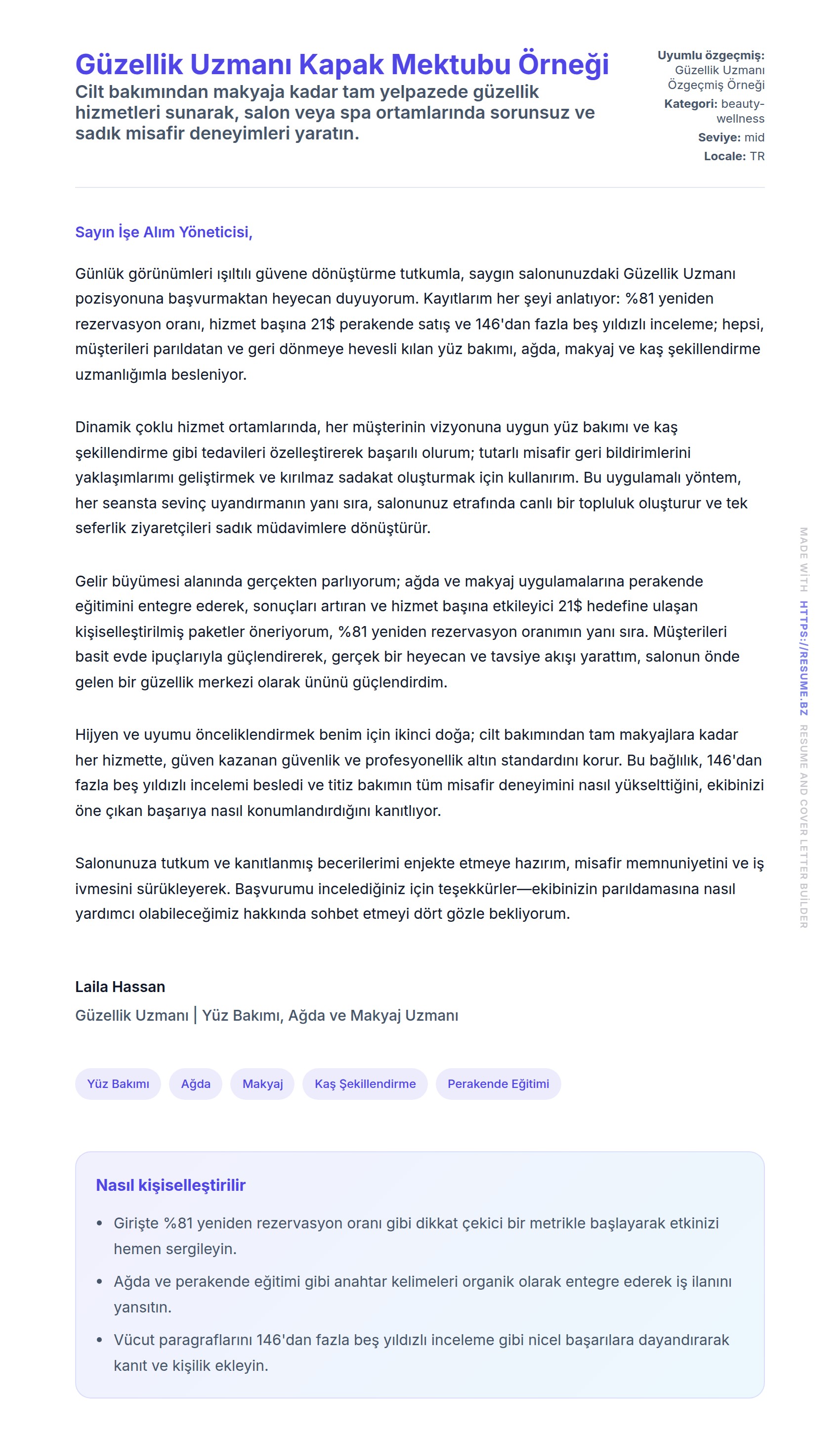 Güzellik Uzmanı Kapak Mektubu Örneği