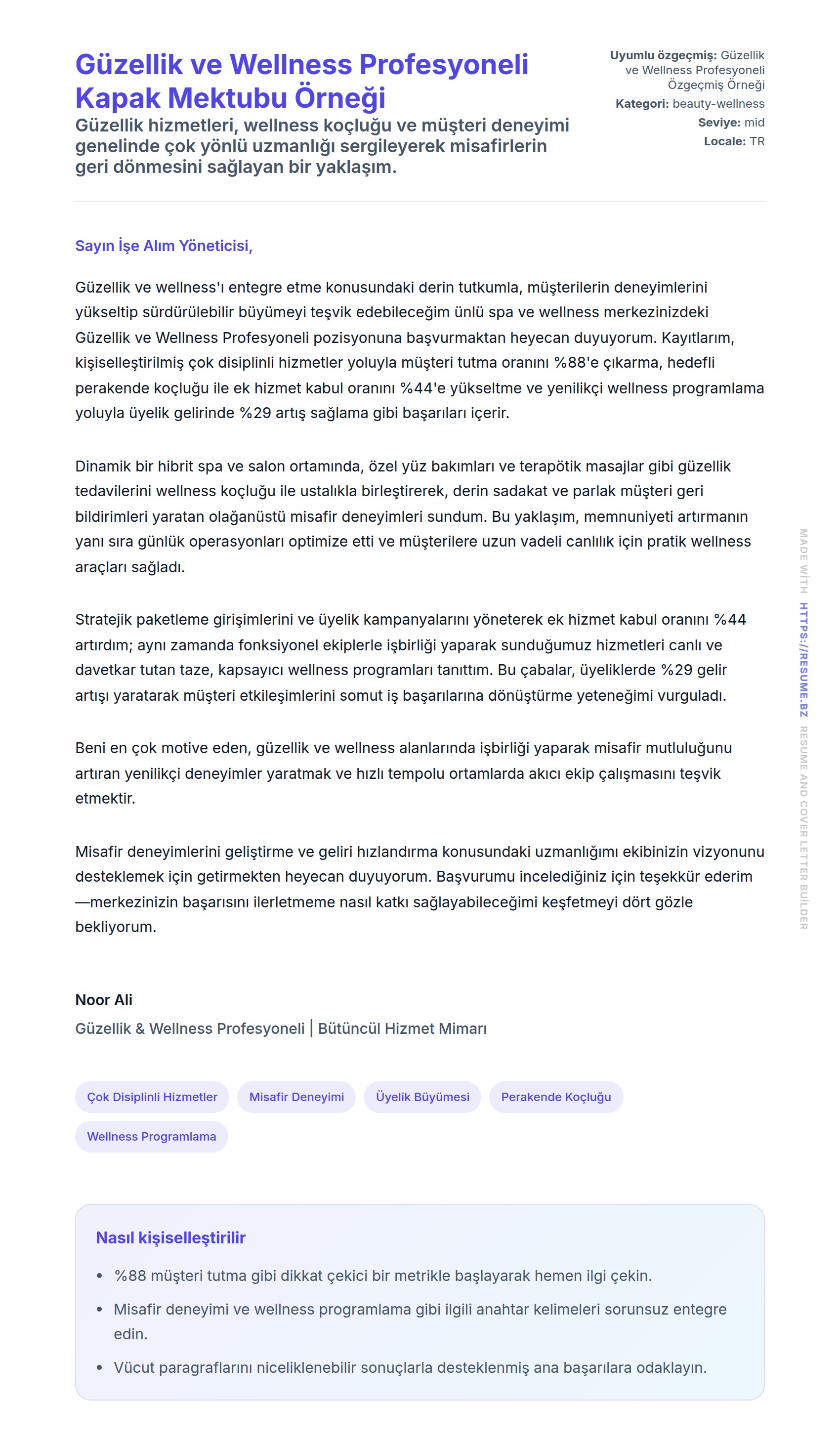 Güzellik ve Wellness Profesyoneli Kapak Mektubu Örneği