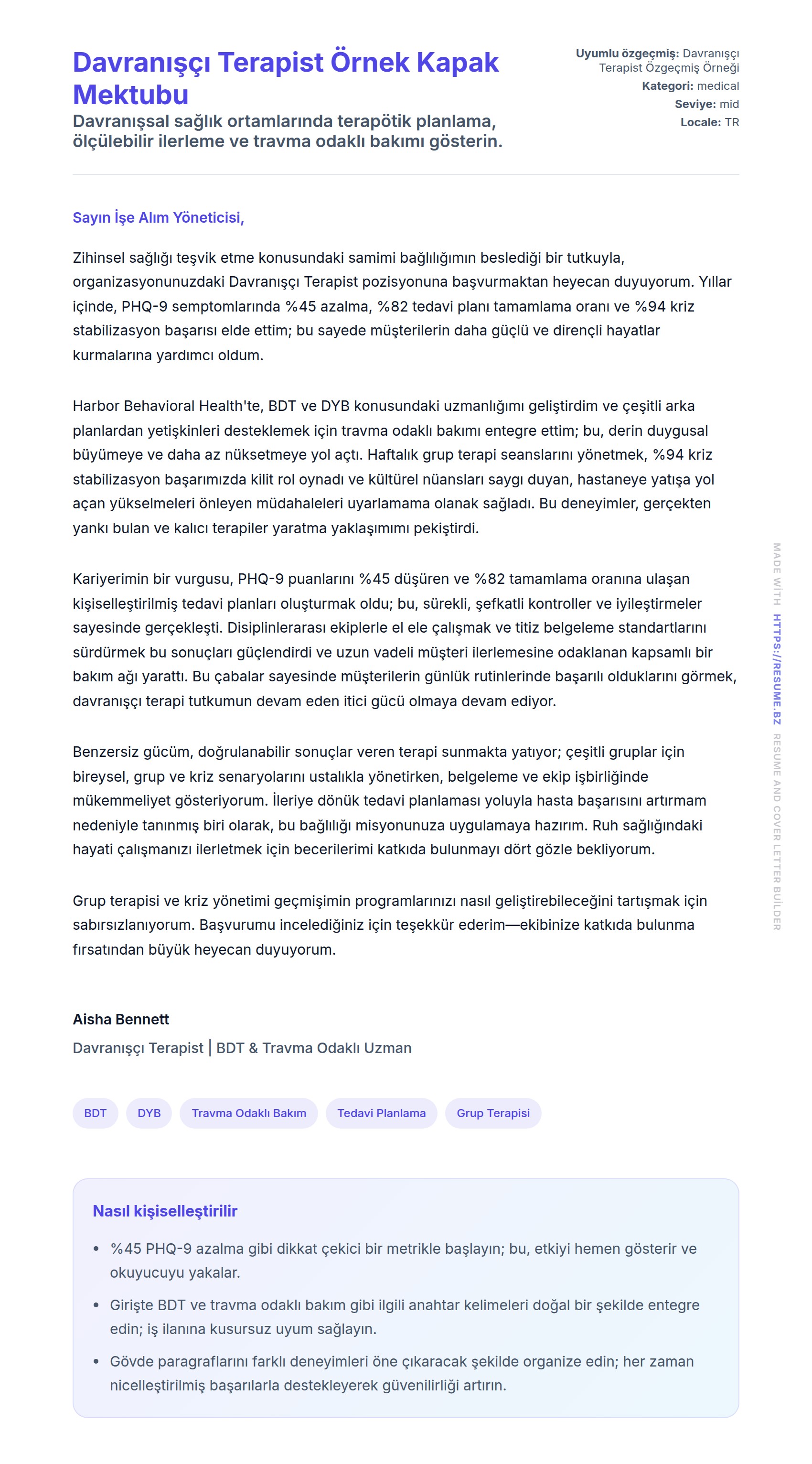 Kapak Mektubu önizlemesi Davranışçı Terapist Örnek Kapak Mektubu için