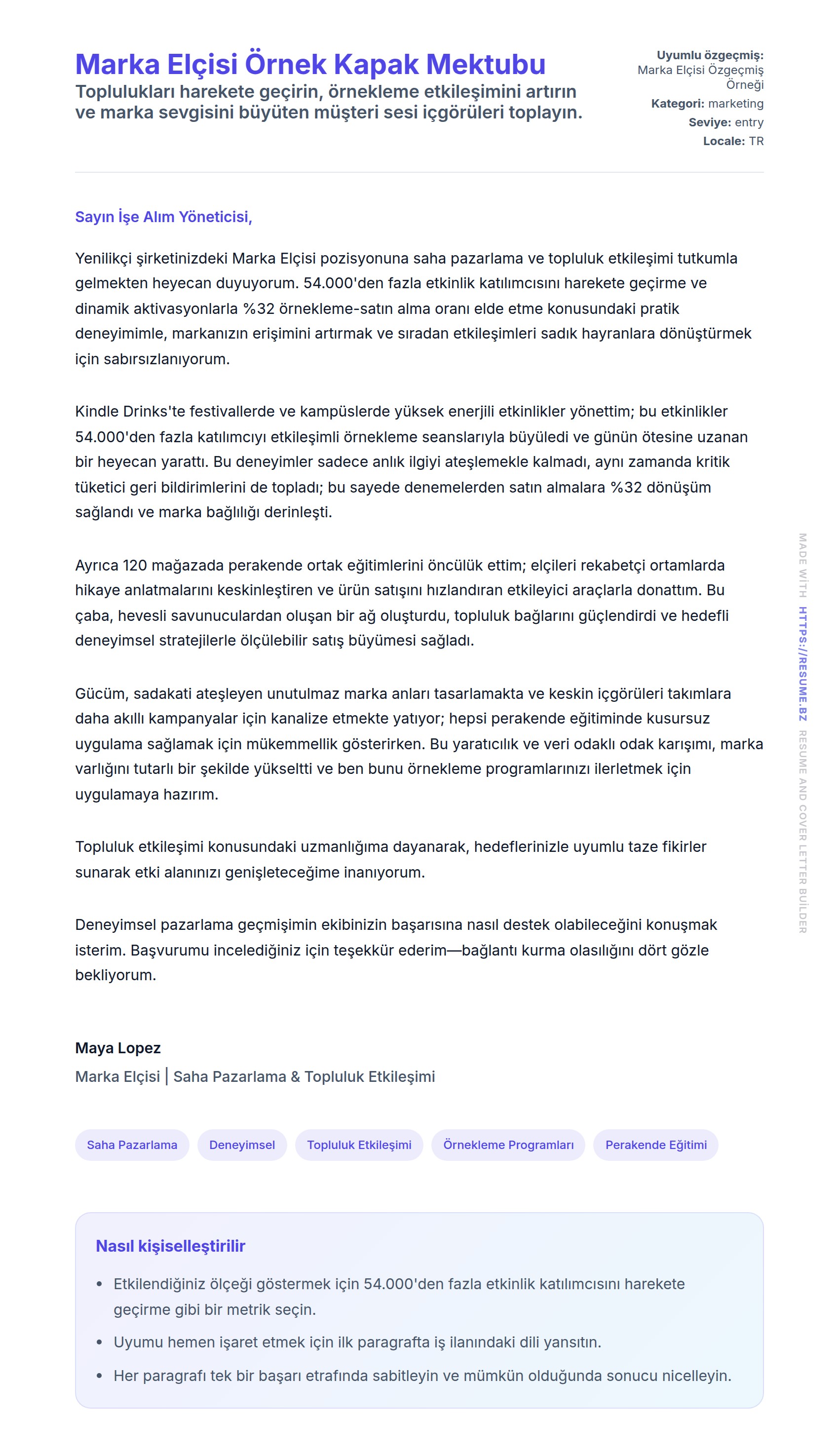Kapak Mektubu önizlemesi Marka Elçisi Örnek Kapak Mektubu için