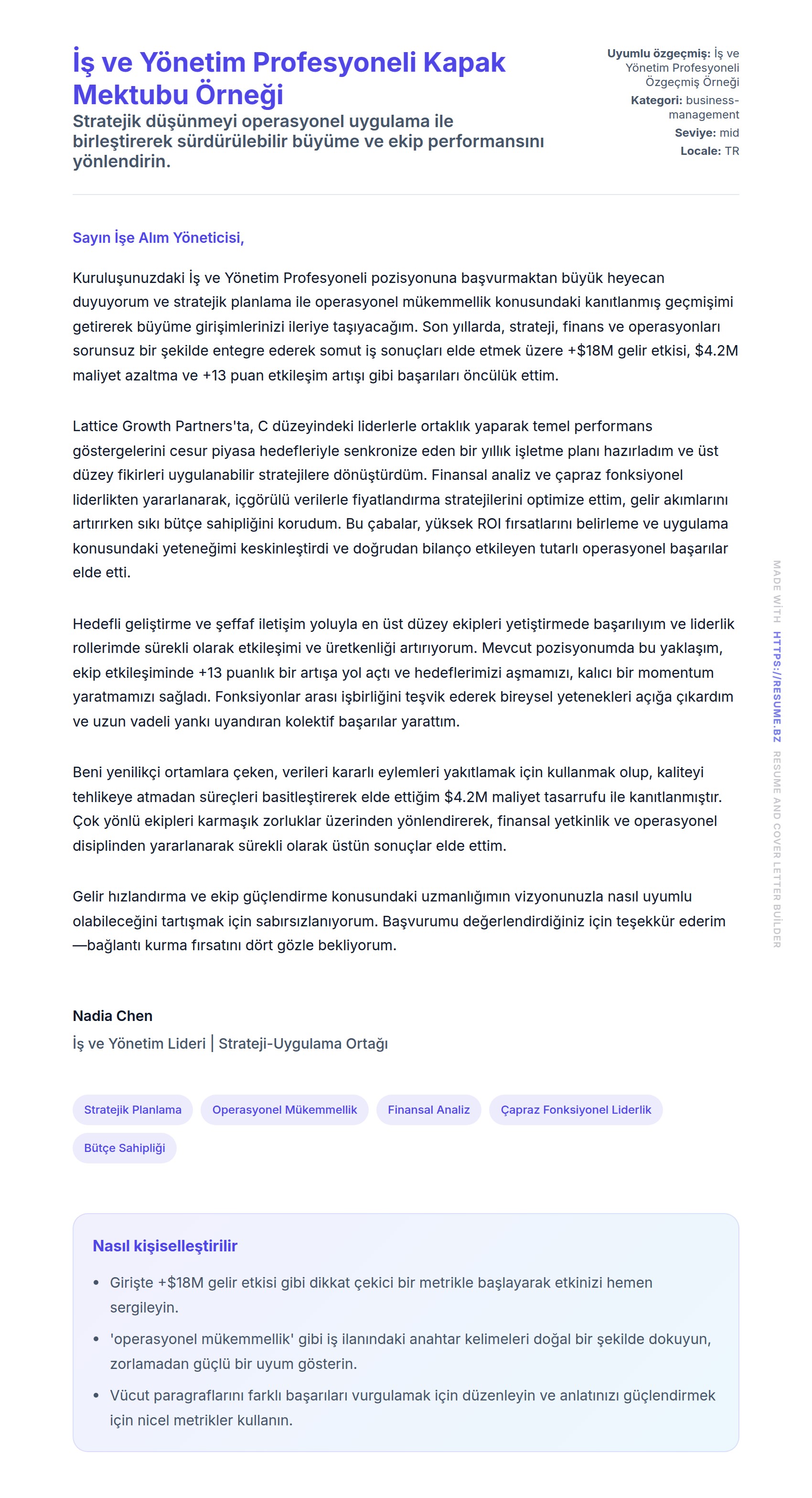 Kapak Mektubu önizlemesi İş ve Yönetim Profesyoneli Kapak Mektubu Örneği için
