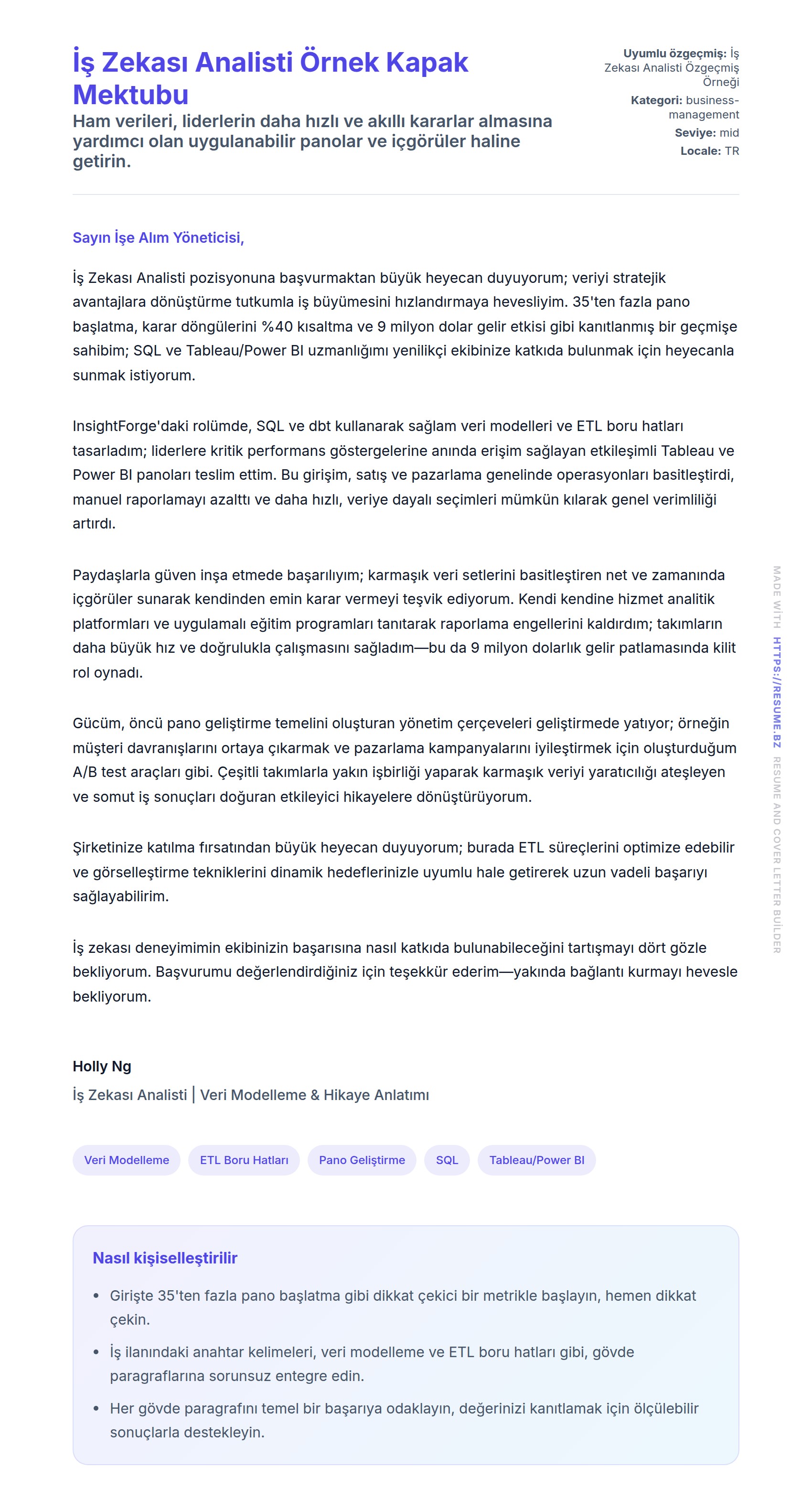 Kapak Mektubu önizlemesi İş Zekası Analisti Örnek Kapak Mektubu için