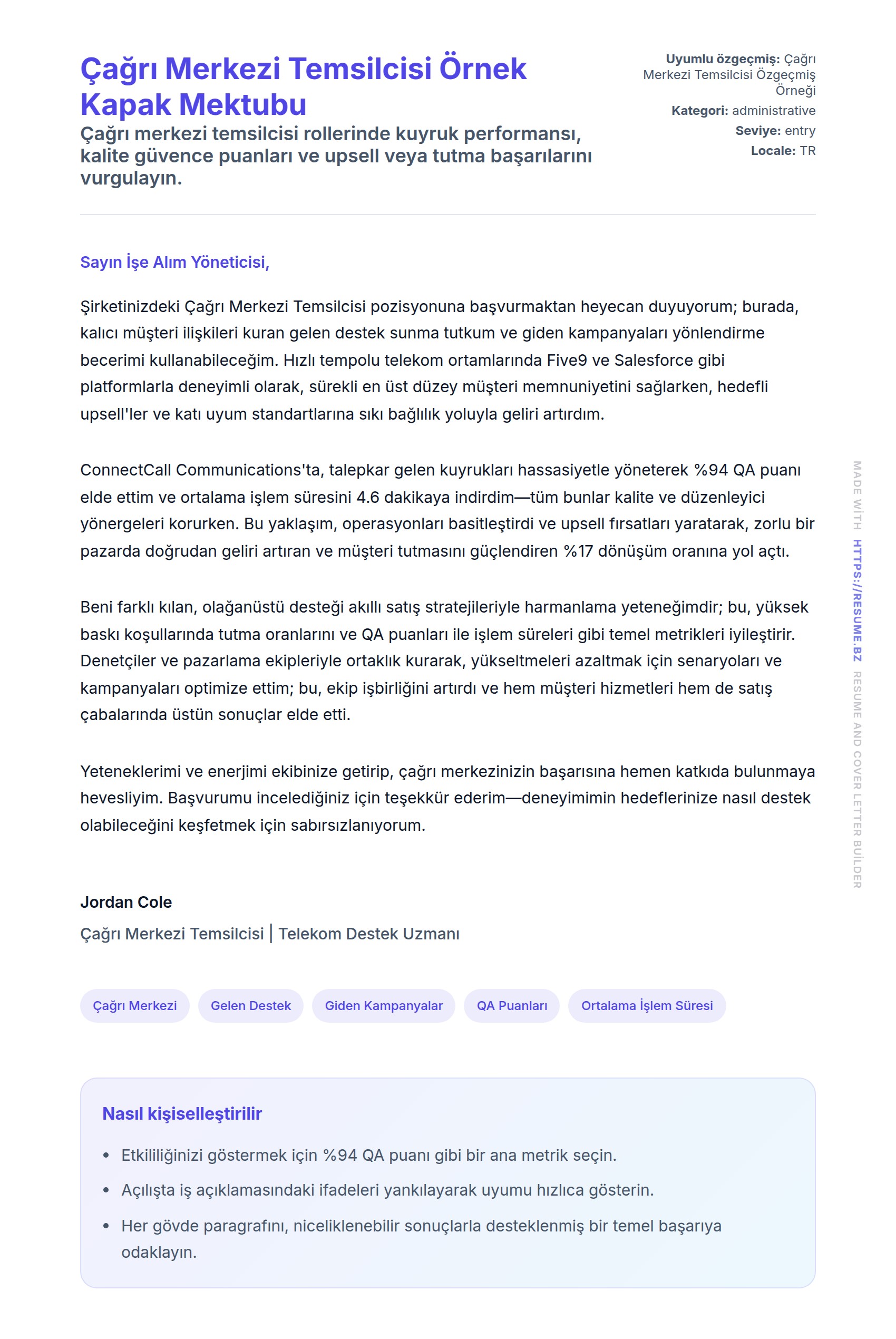 Çağrı Merkezi Temsilcisi Örnek Kapak Mektubu