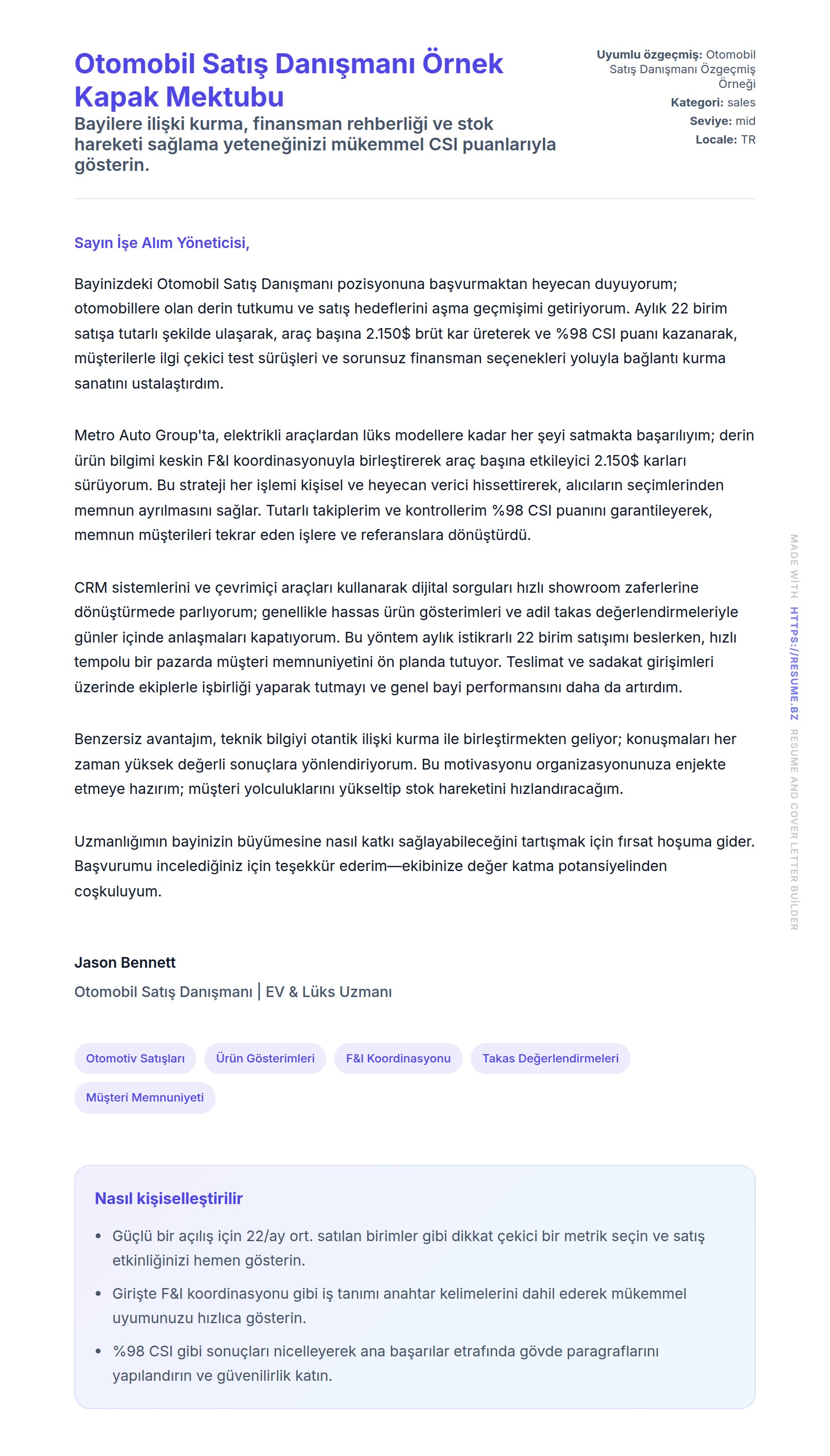 Kapak Mektubu önizlemesi Otomobil Satış Danışmanı Örnek Kapak Mektubu için