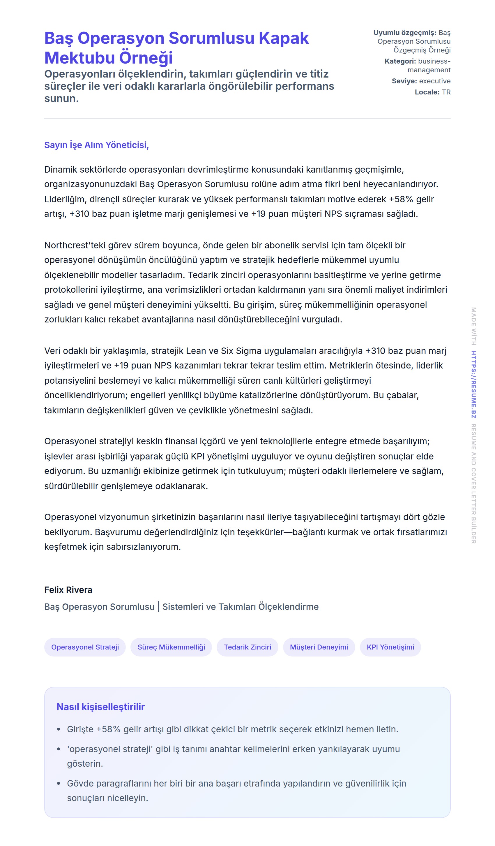 Baş Operasyon Sorumlusu Kapak Mektubu Örneği
