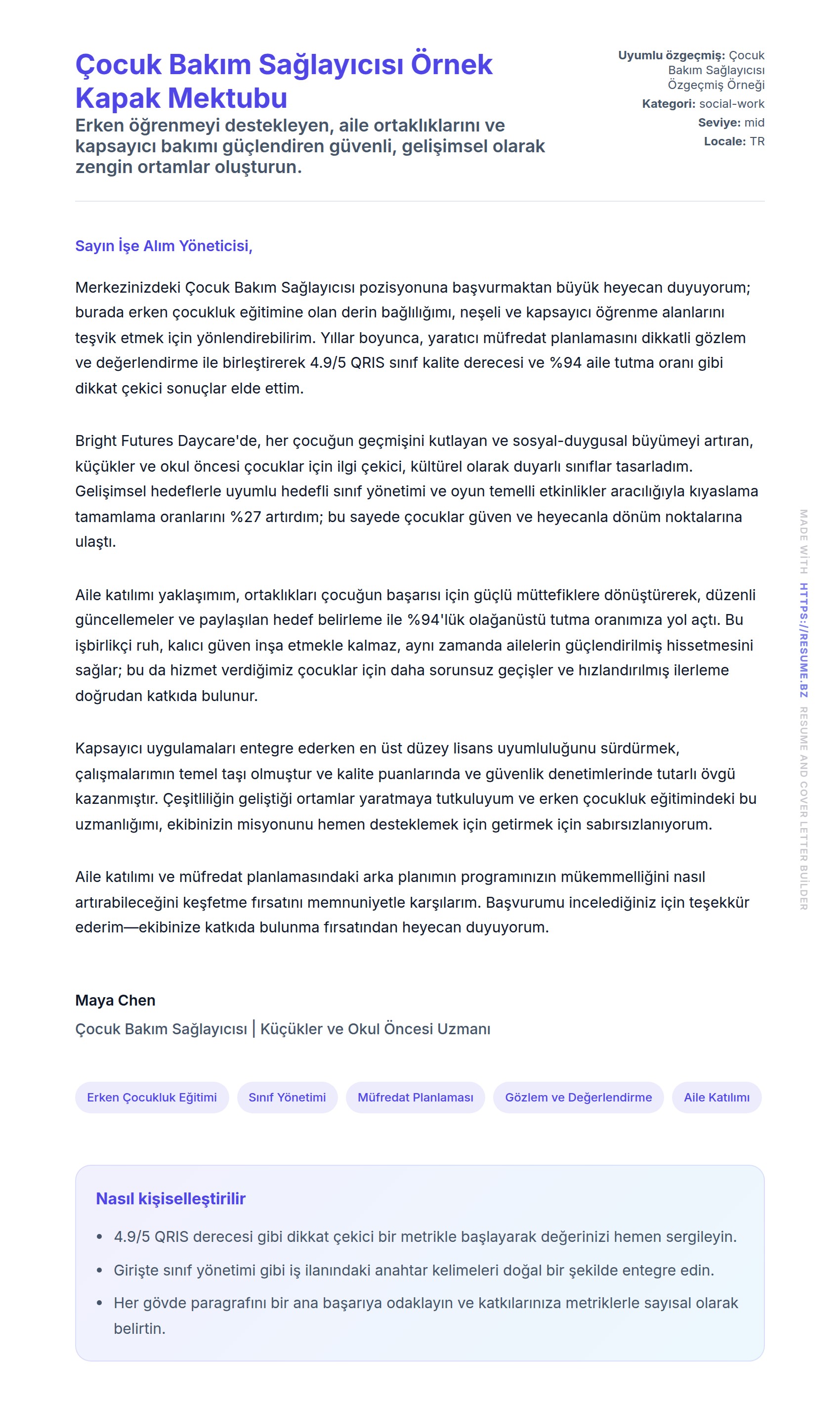 Kapak Mektubu önizlemesi Çocuk Bakım Sağlayıcısı Örnek Kapak Mektubu için