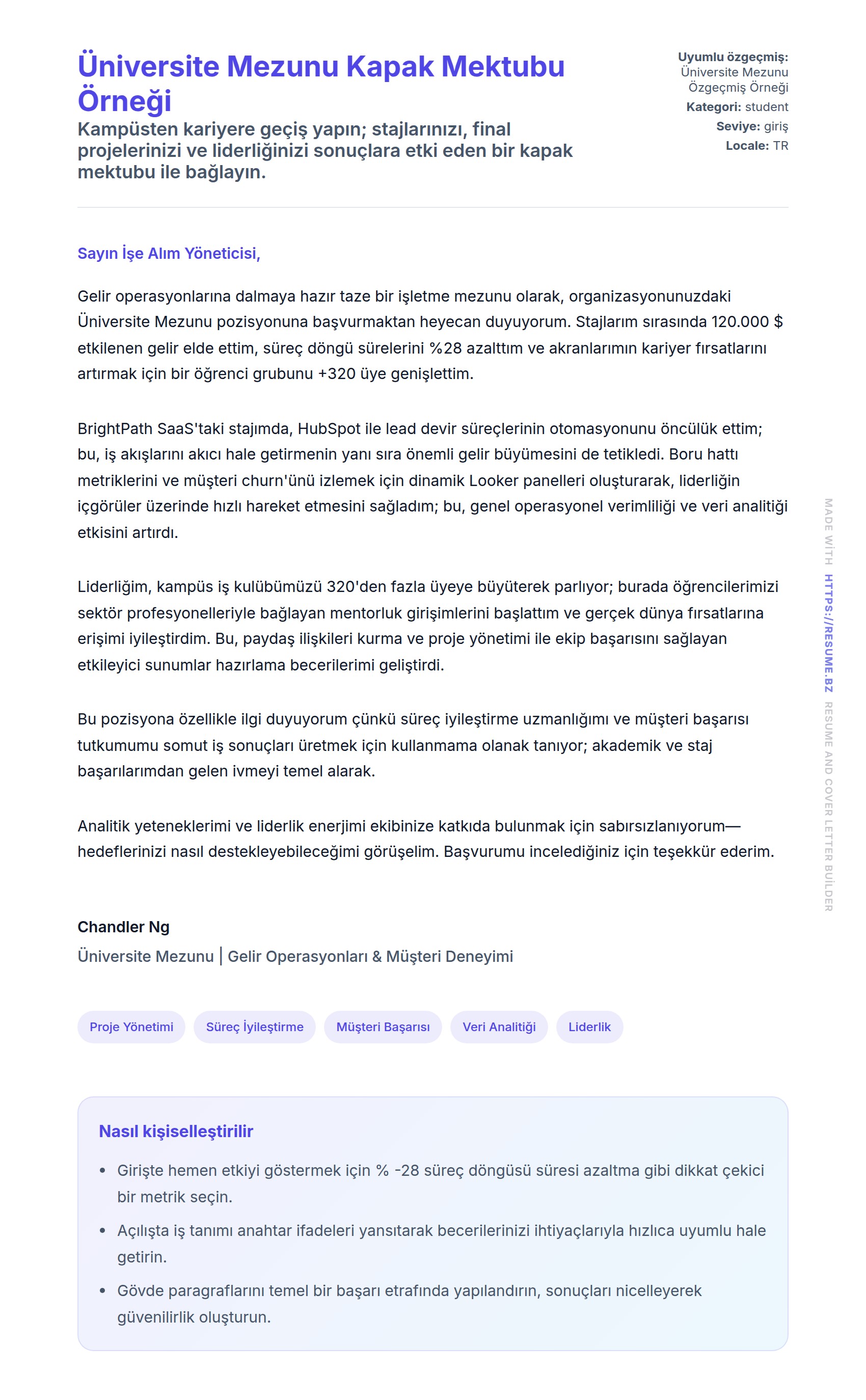 Üniversite Mezunu Kapak Mektubu Örneği