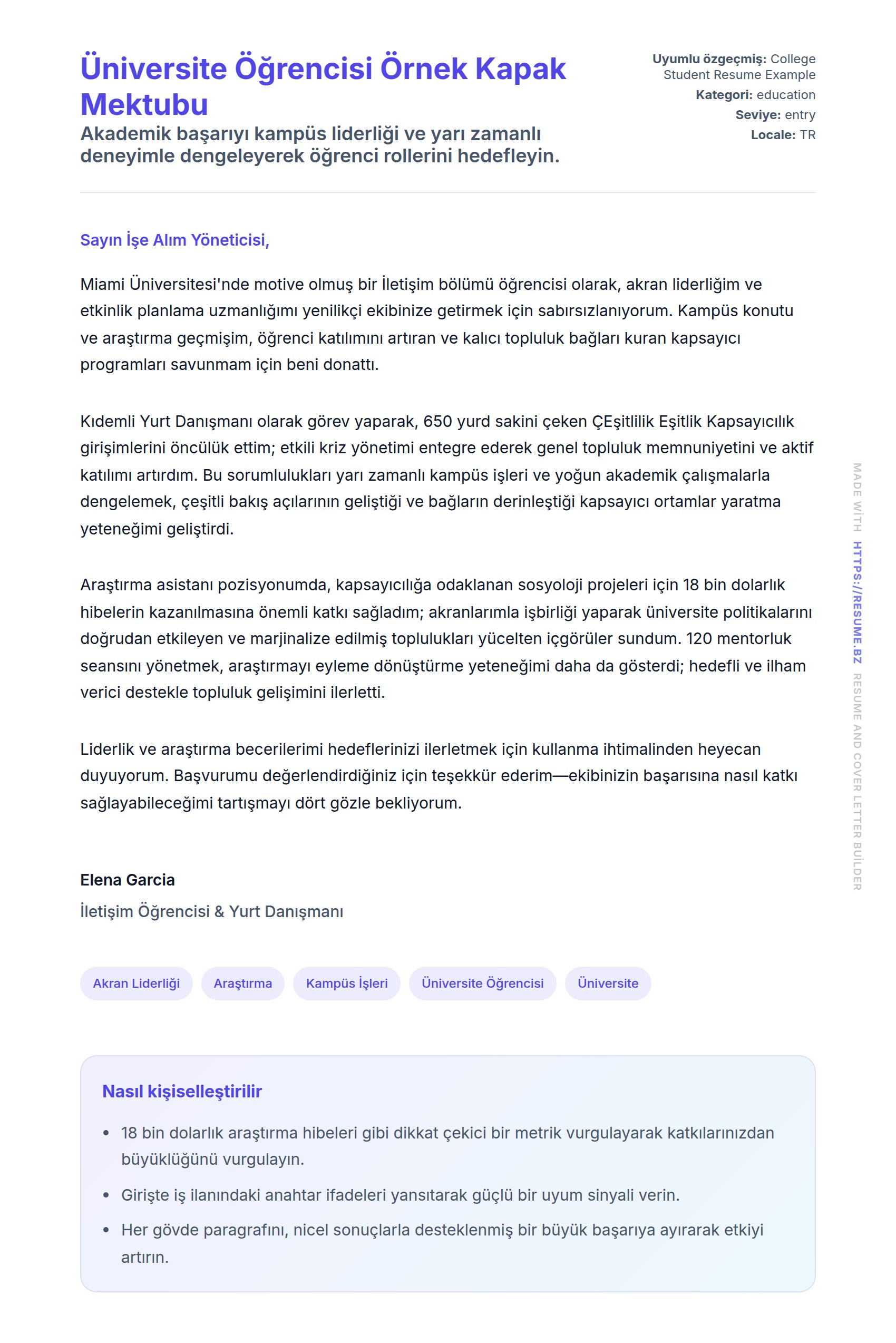 Kapak Mektubu önizlemesi Üniversite Öğrencisi Örnek Kapak Mektubu için