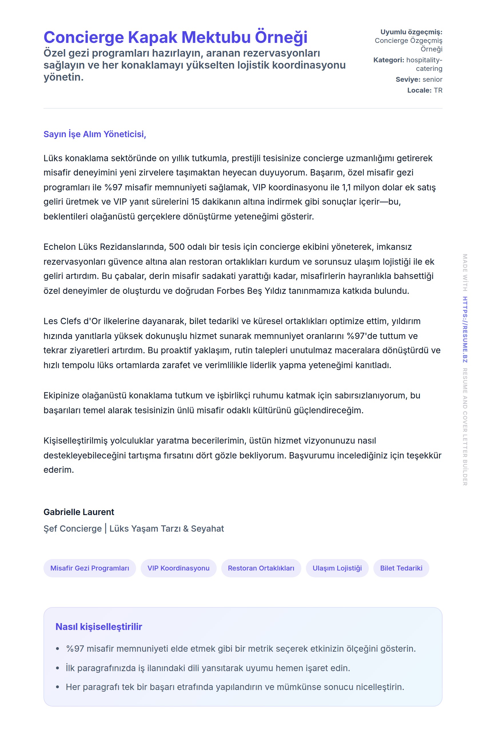 Kapak Mektubu önizlemesi Concierge Kapak Mektubu Örneği için