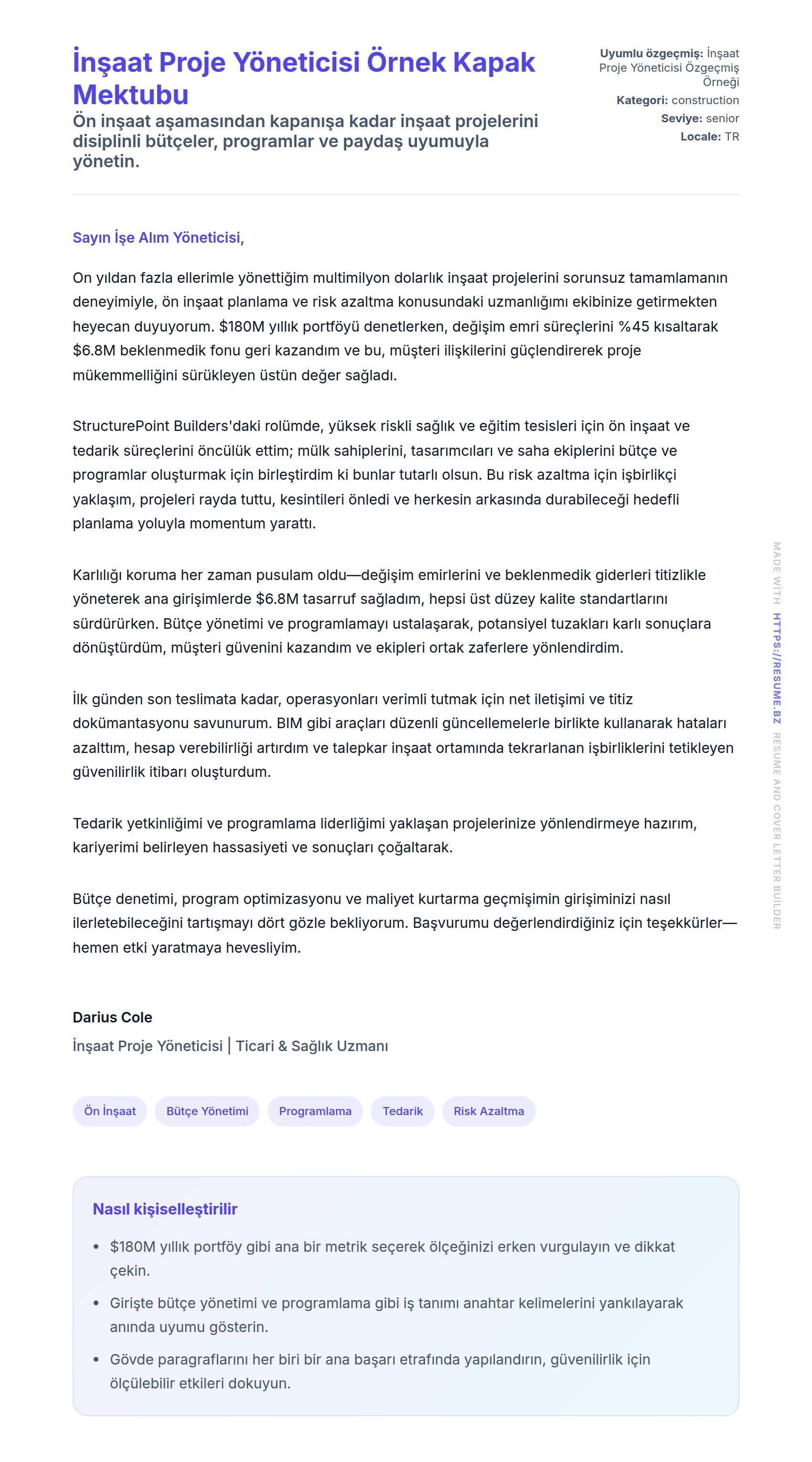 Kapak Mektubu önizlemesi İnşaat Proje Yöneticisi Örnek Kapak Mektubu için