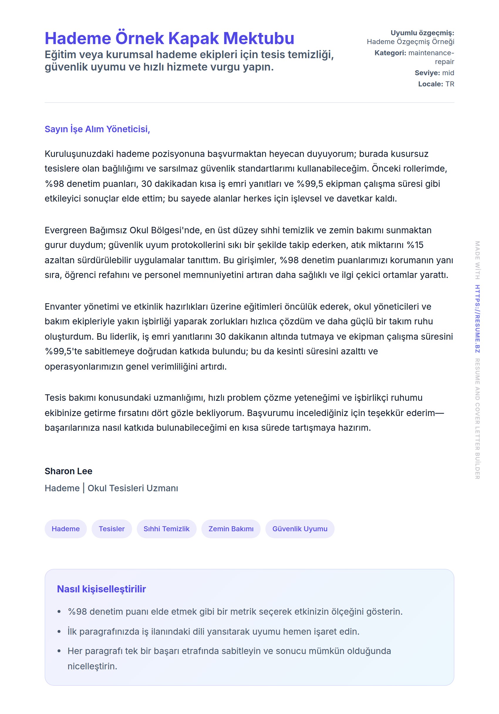 Kapak Mektubu önizlemesi Hademe Örnek Kapak Mektubu için