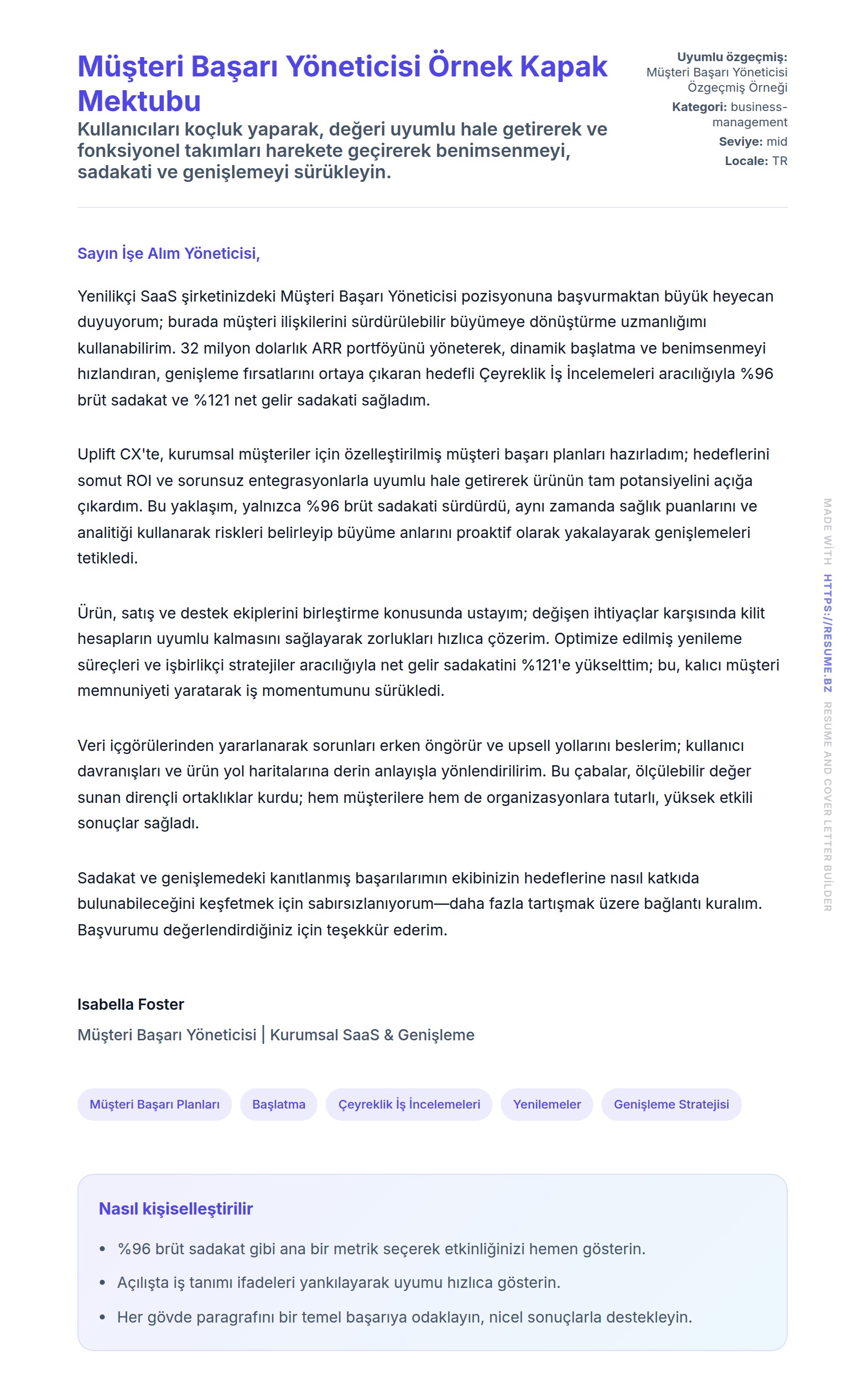 Kapak Mektubu önizlemesi Müşteri Başarı Yöneticisi Örnek Kapak Mektubu için