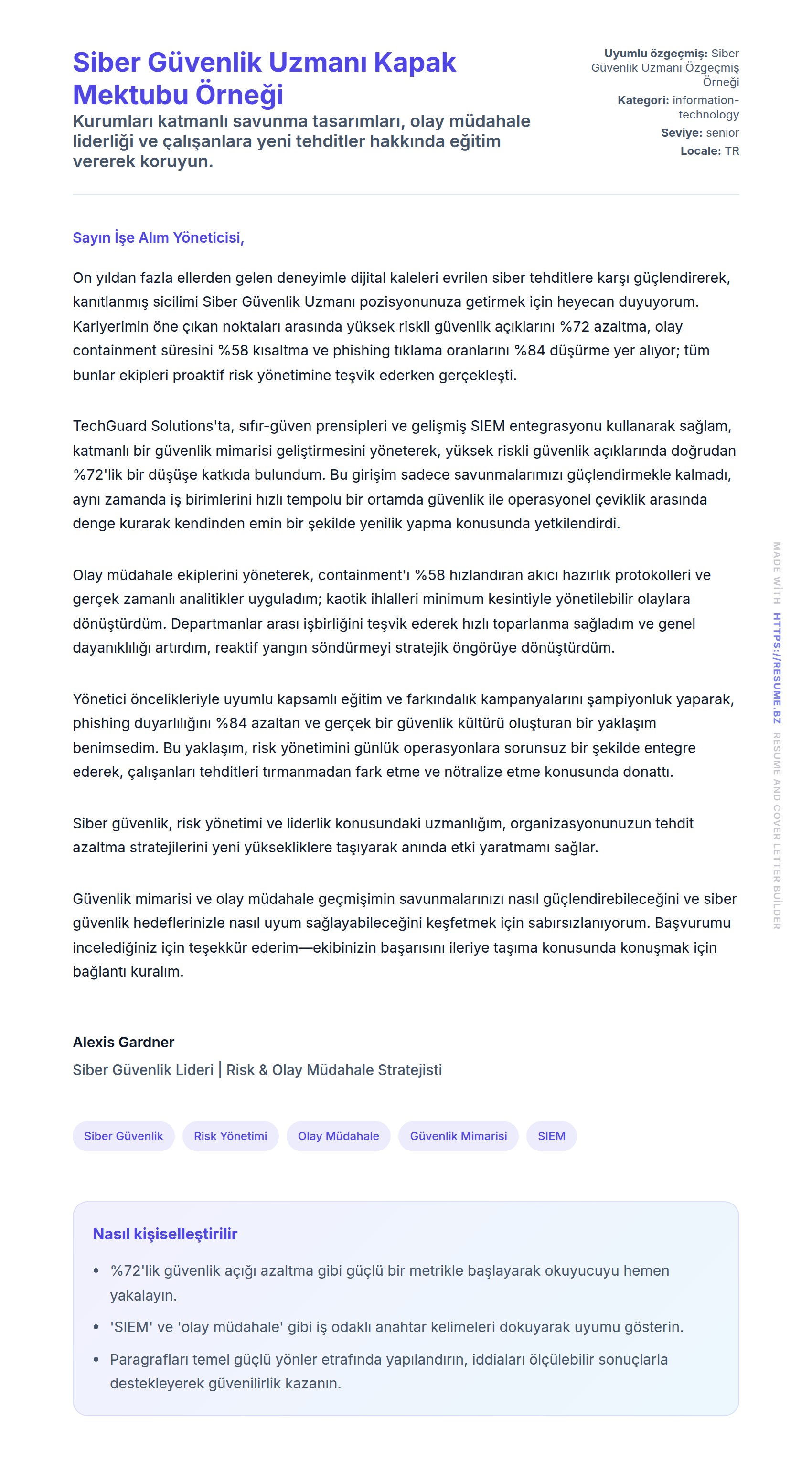 Kapak Mektubu önizlemesi Siber Güvenlik Uzmanı Kapak Mektubu Örneği için