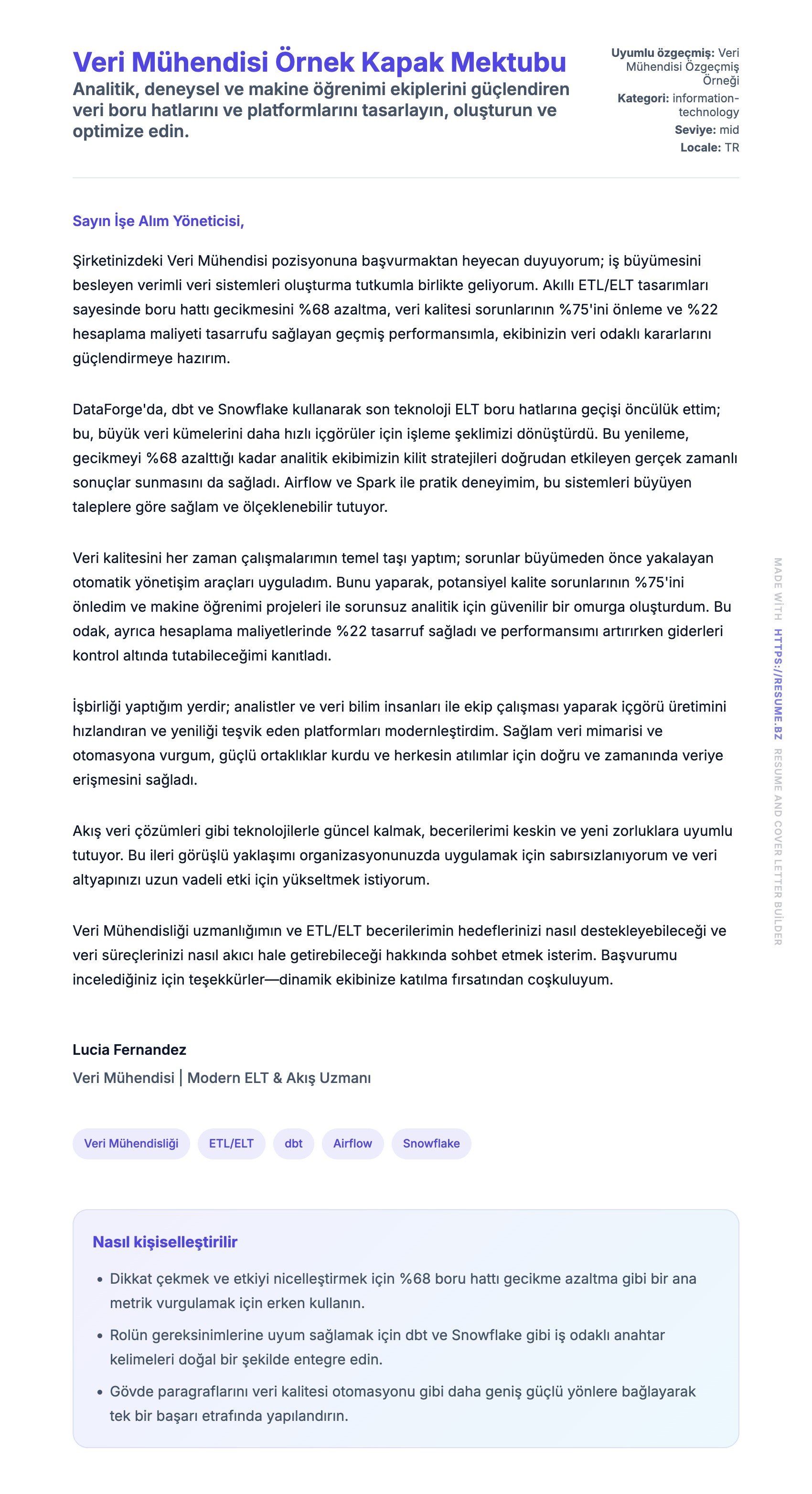 Kapak Mektubu önizlemesi Veri Mühendisi Örnek Kapak Mektubu için