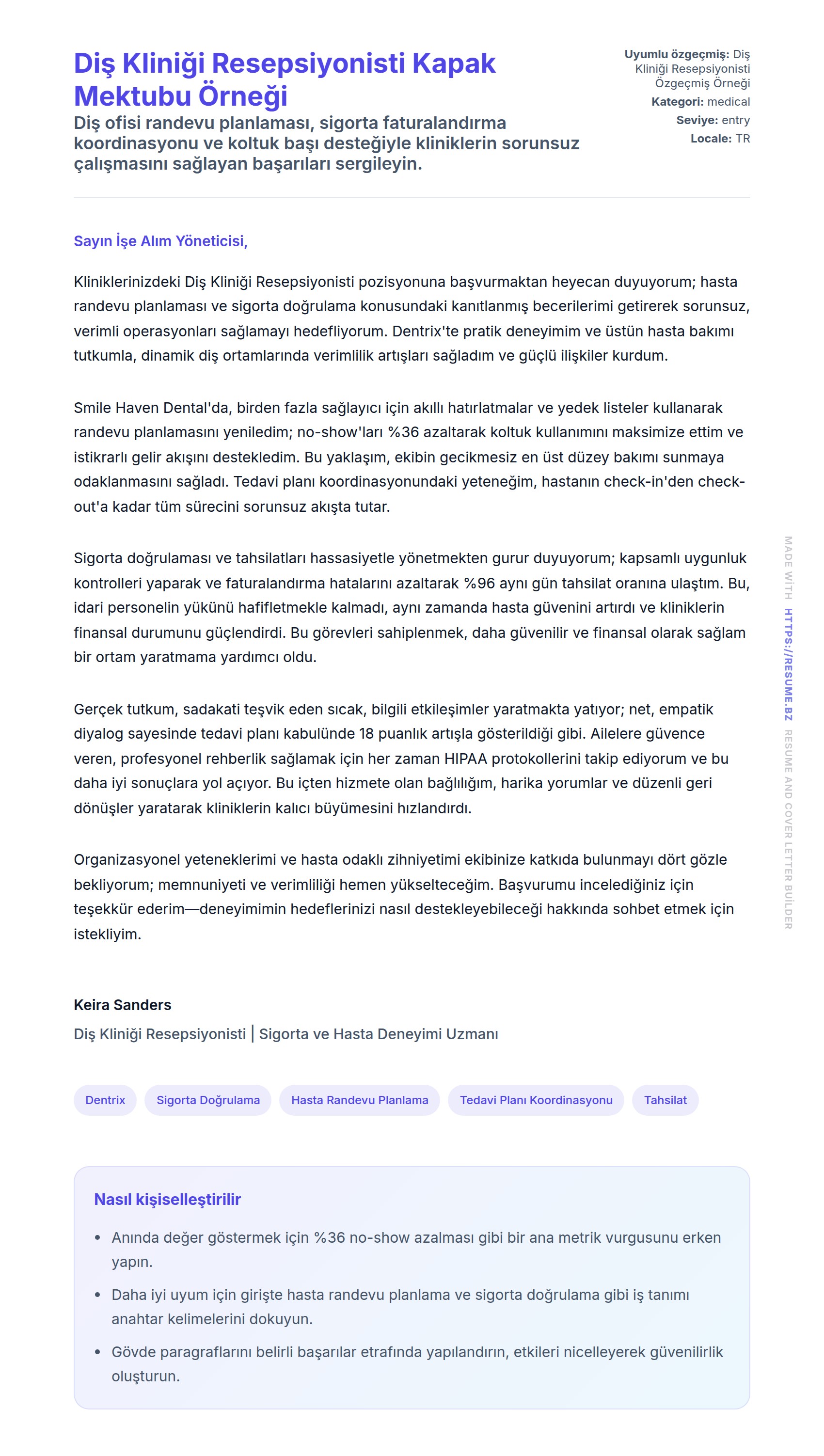 Kapak Mektubu önizlemesi Diş Kliniği Resepsiyonisti Kapak Mektubu Örneği için