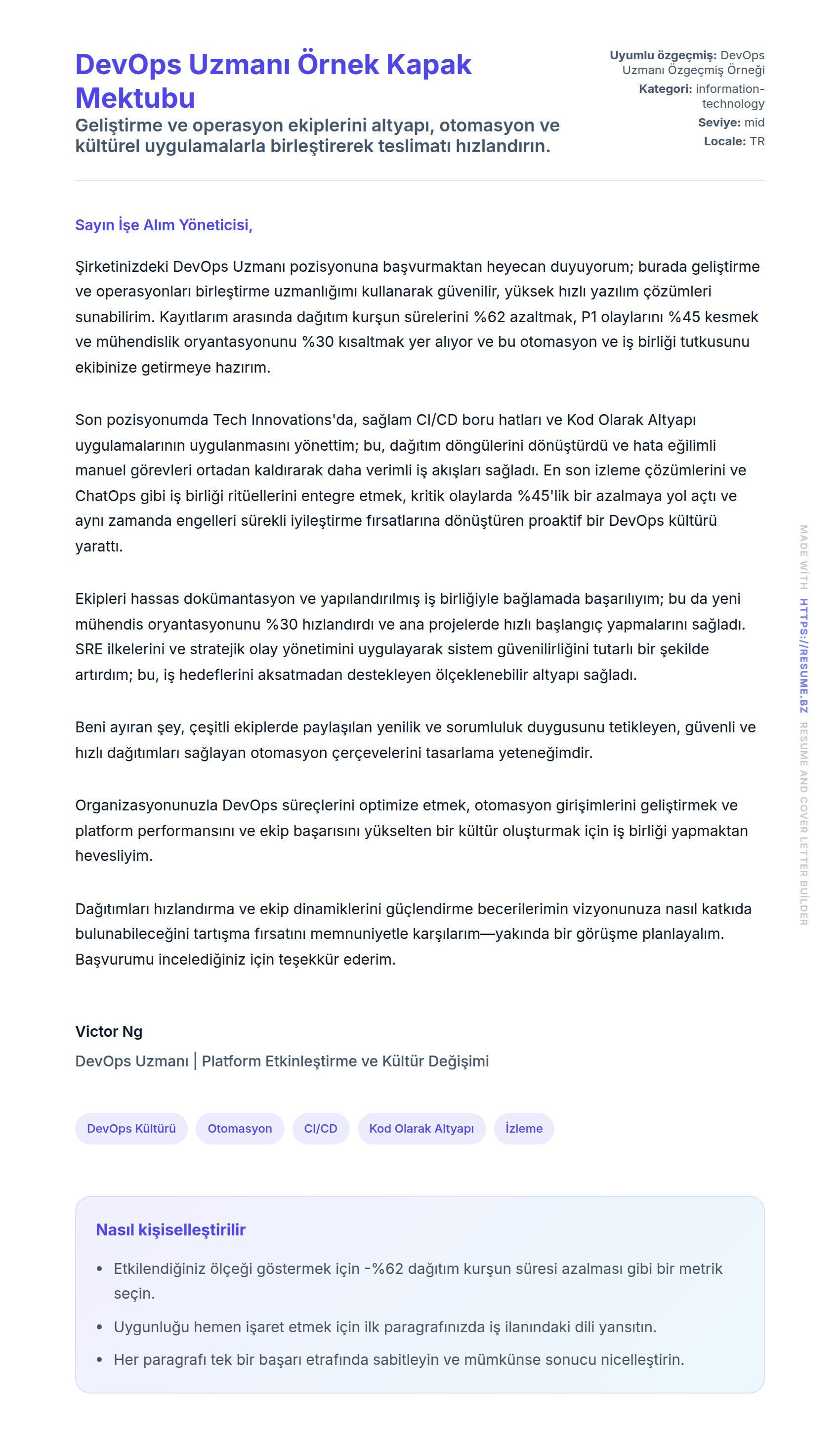 Kapak Mektubu önizlemesi DevOps Uzmanı Örnek Kapak Mektubu için