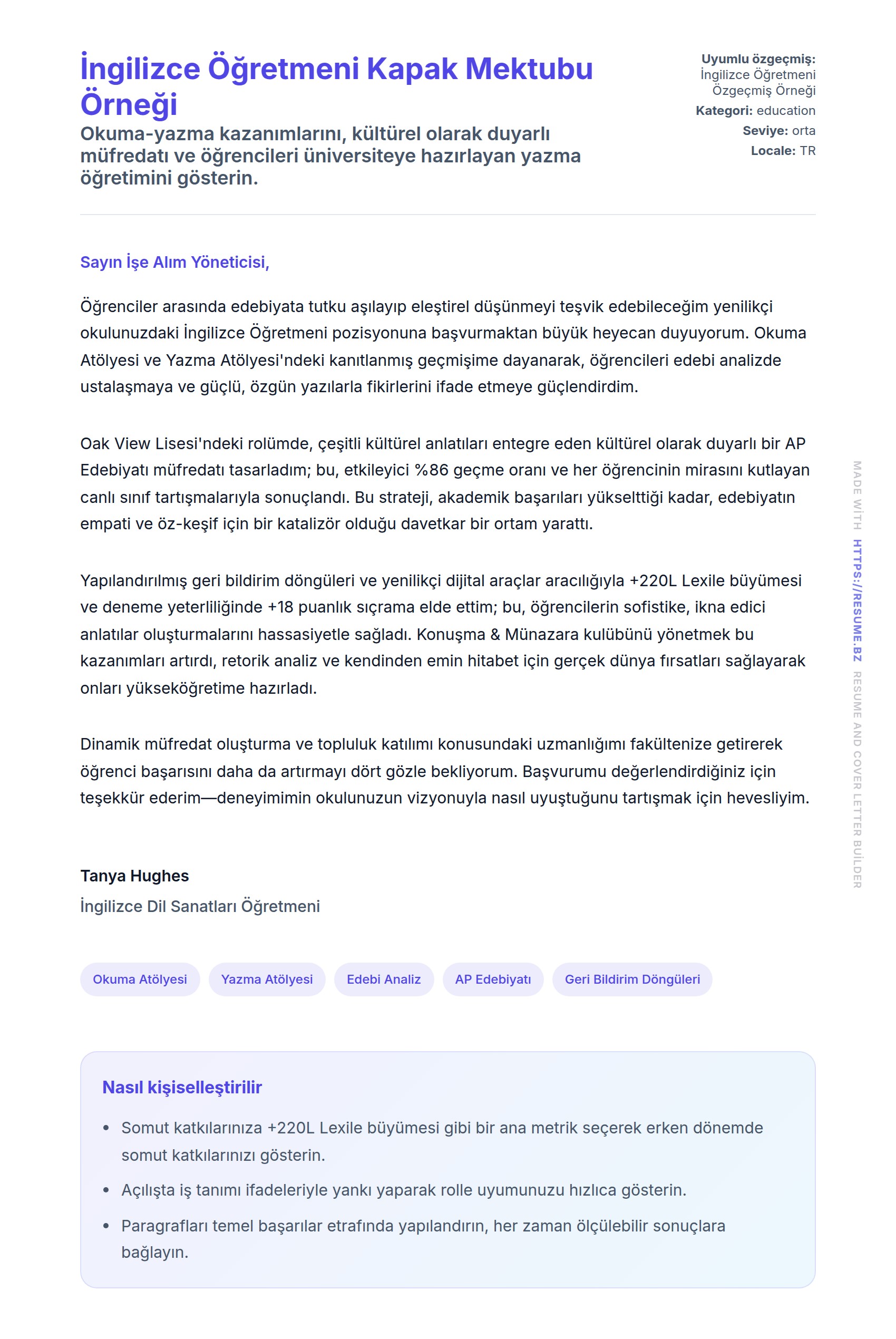 Kapak Mektubu önizlemesi İngilizce Öğretmeni Kapak Mektubu Örneği için