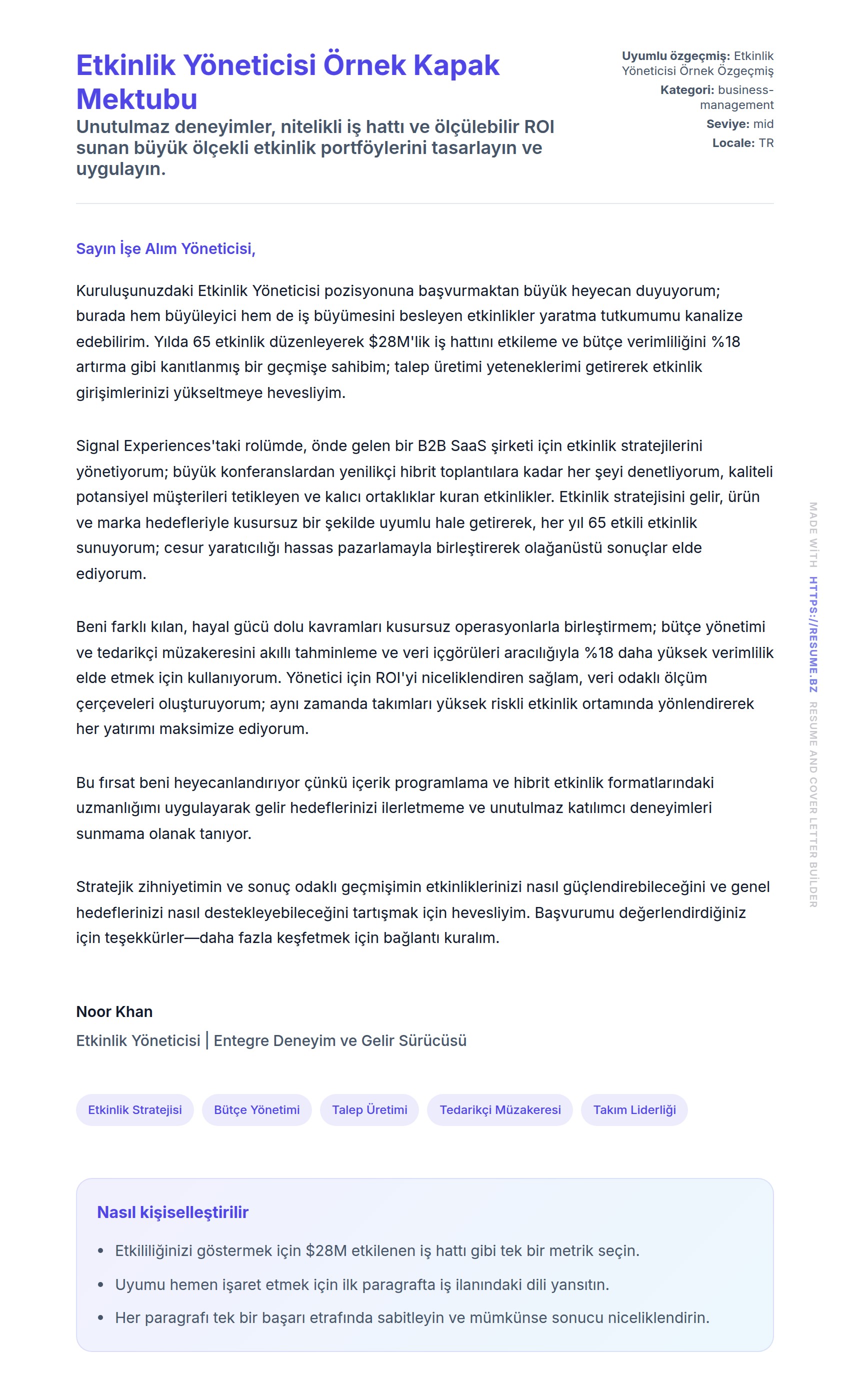 Etkinlik Yöneticisi Örnek Kapak Mektubu