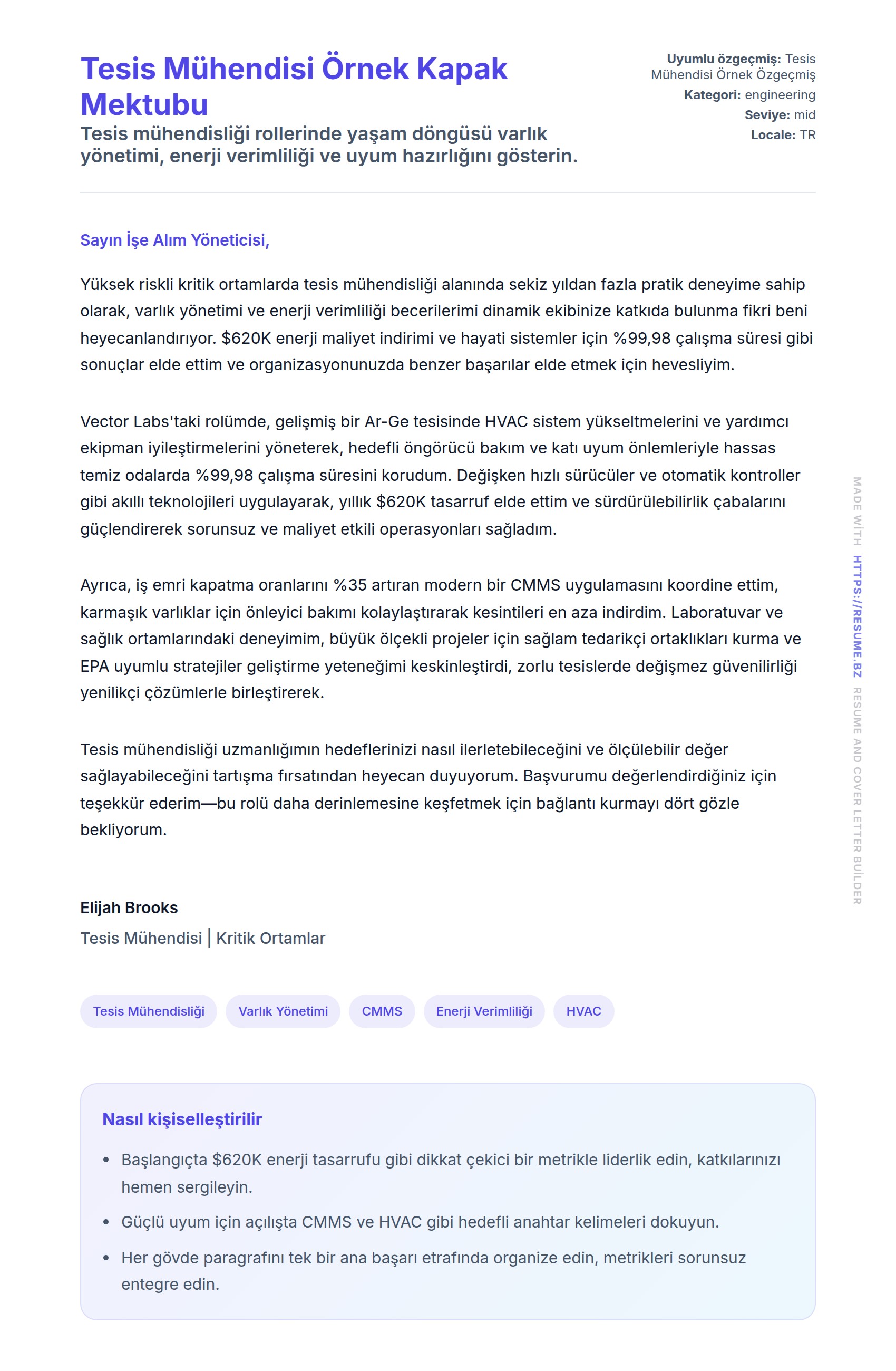 Tesis Mühendisi Örnek Kapak Mektubu
