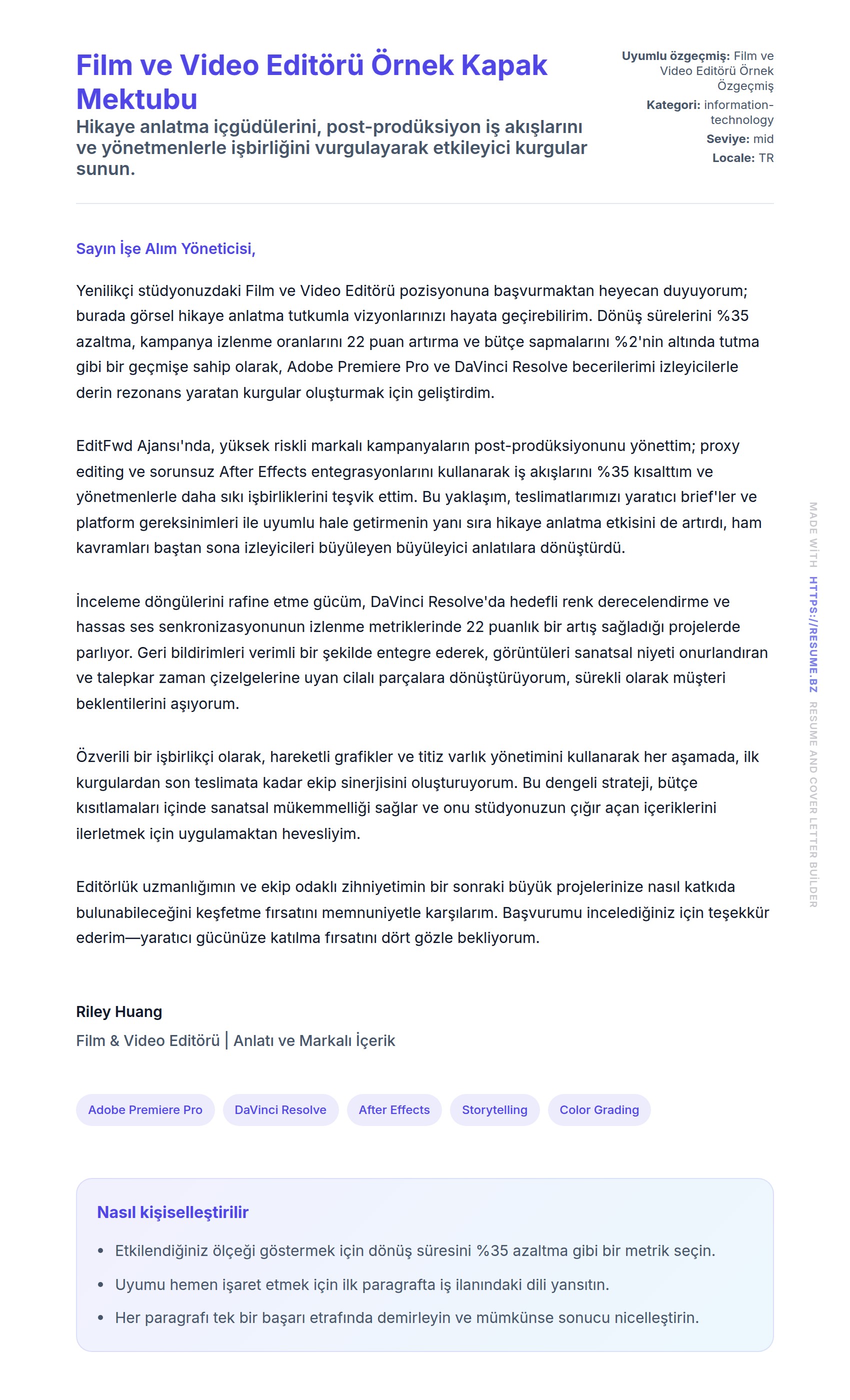 Kapak Mektubu önizlemesi Film ve Video Editörü Örnek Kapak Mektubu için