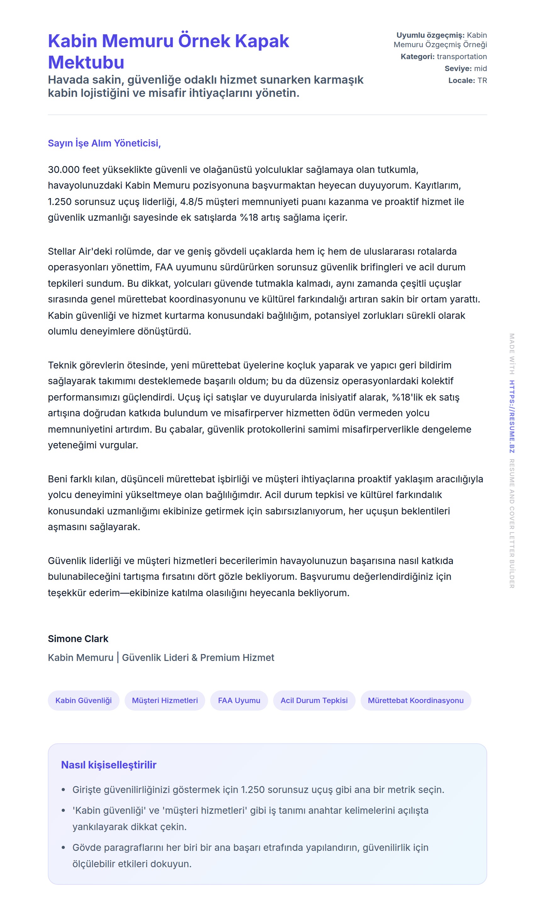 Kapak Mektubu önizlemesi Kabin Memuru Örnek Kapak Mektubu için