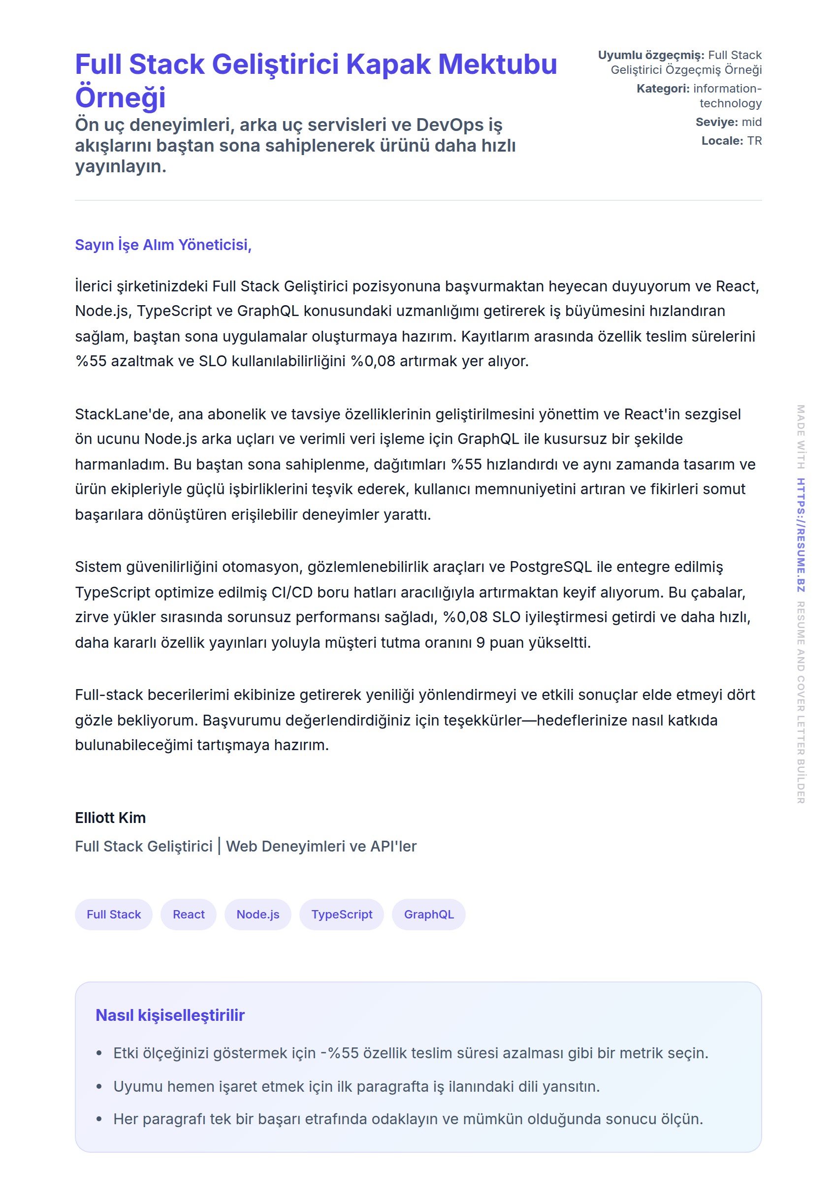 Kapak Mektubu önizlemesi Full Stack Geliştirici Kapak Mektubu Örneği için