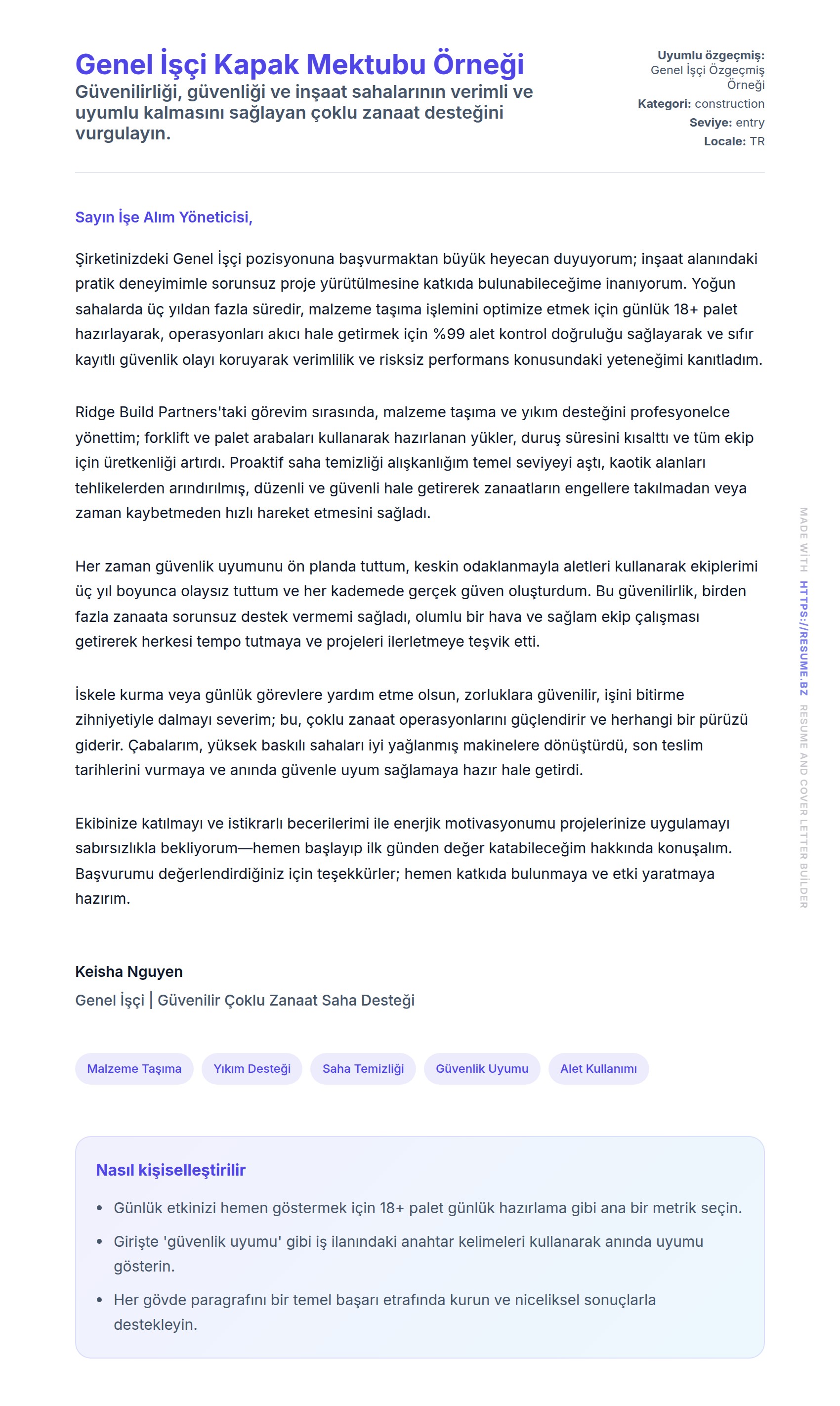 Genel İşçi Kapak Mektubu Örneği