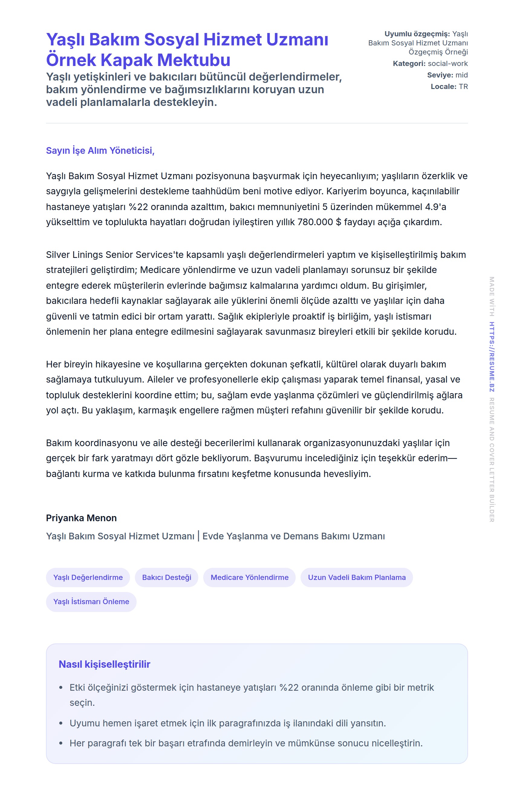 Kapak Mektubu önizlemesi Yaşlı Bakım Sosyal Hizmet Uzmanı Örnek Kapak Mektubu için
