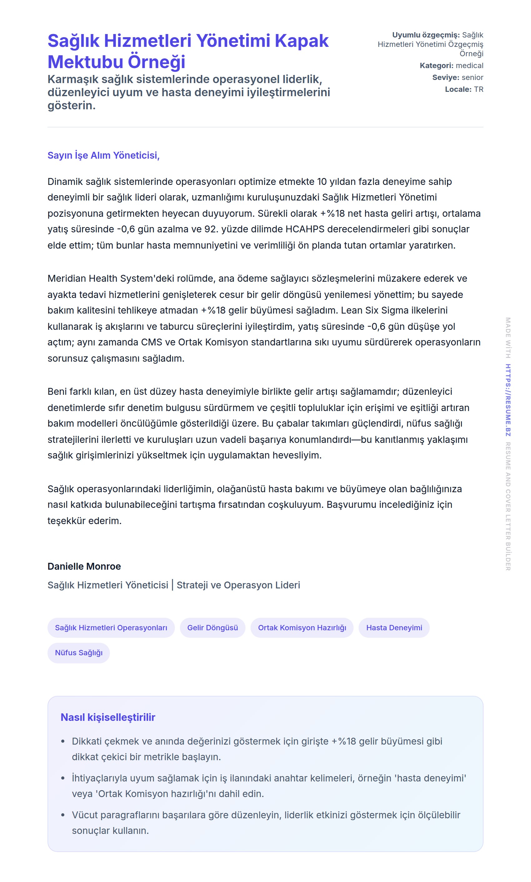 Kapak Mektubu önizlemesi Sağlık Hizmetleri Yönetimi Kapak Mektubu Örneği için