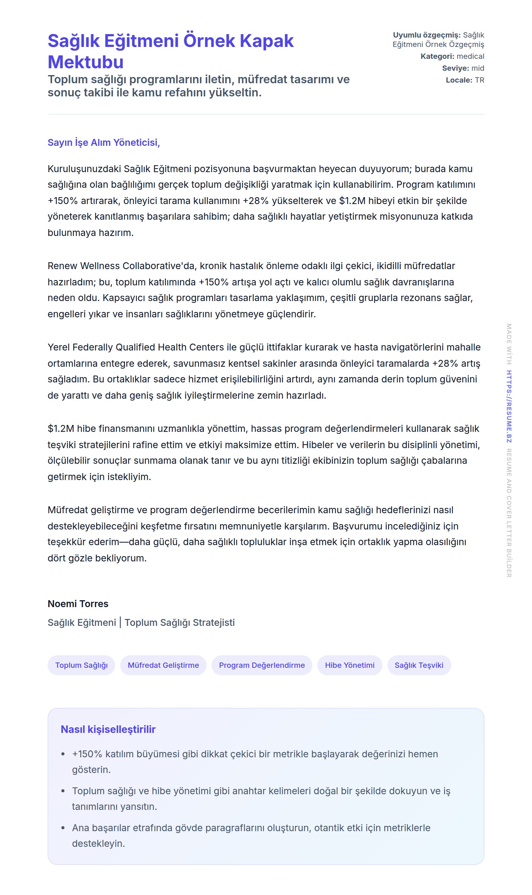 Kapak Mektubu önizlemesi Sağlık Eğitmeni Örnek Kapak Mektubu için