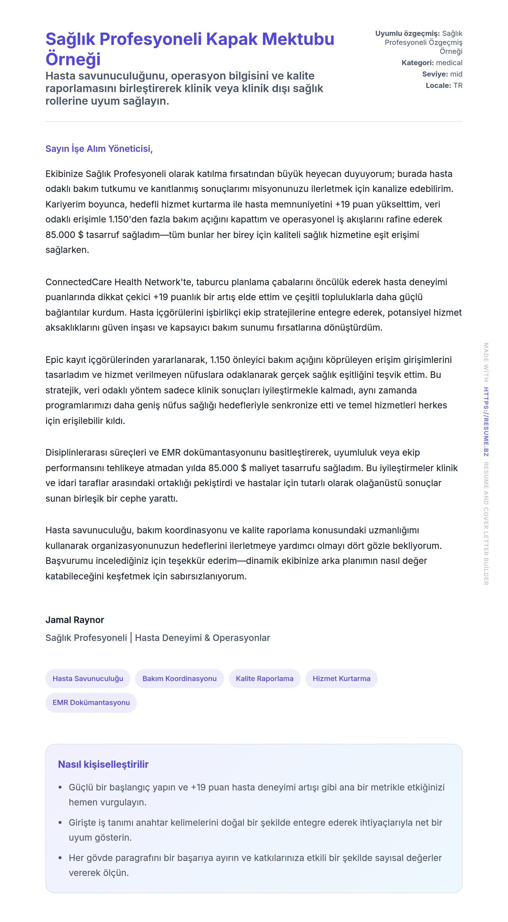 Kapak Mektubu önizlemesi Sağlık Profesyoneli Kapak Mektubu Örneği için