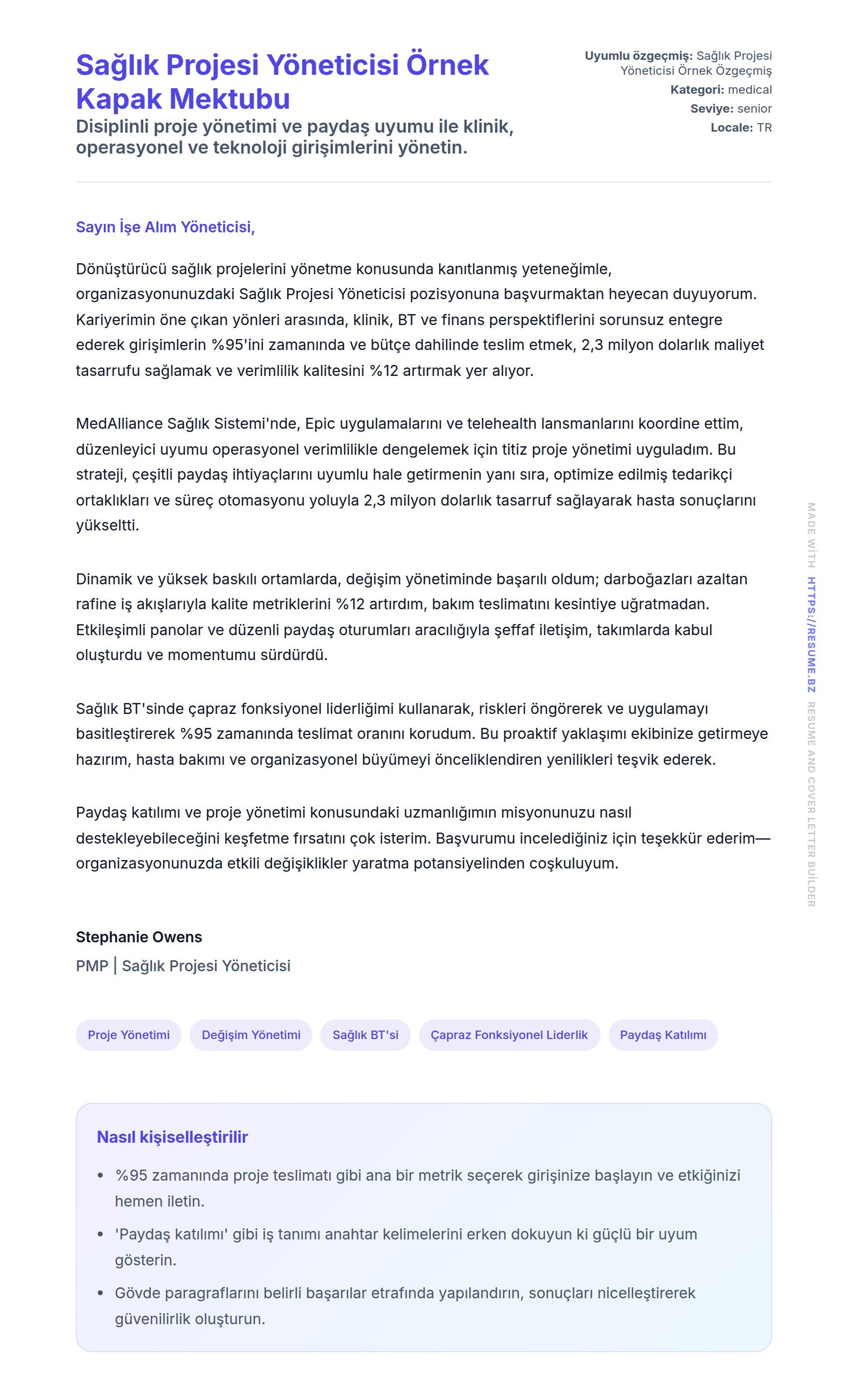 Kapak Mektubu önizlemesi Sağlık Projesi Yöneticisi Örnek Kapak Mektubu için