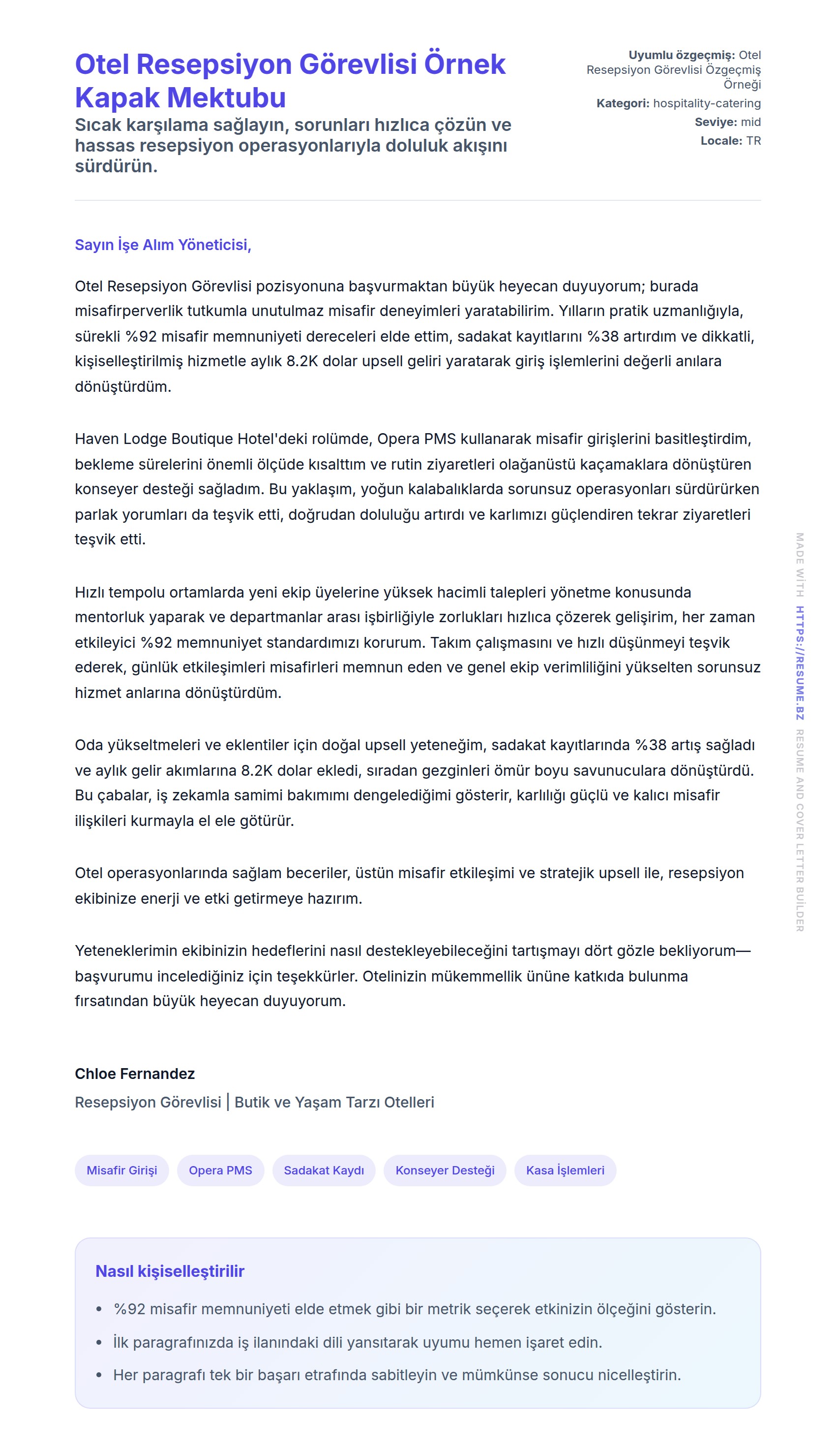 Kapak Mektubu önizlemesi Otel Resepsiyon Görevlisi Örnek Kapak Mektubu için